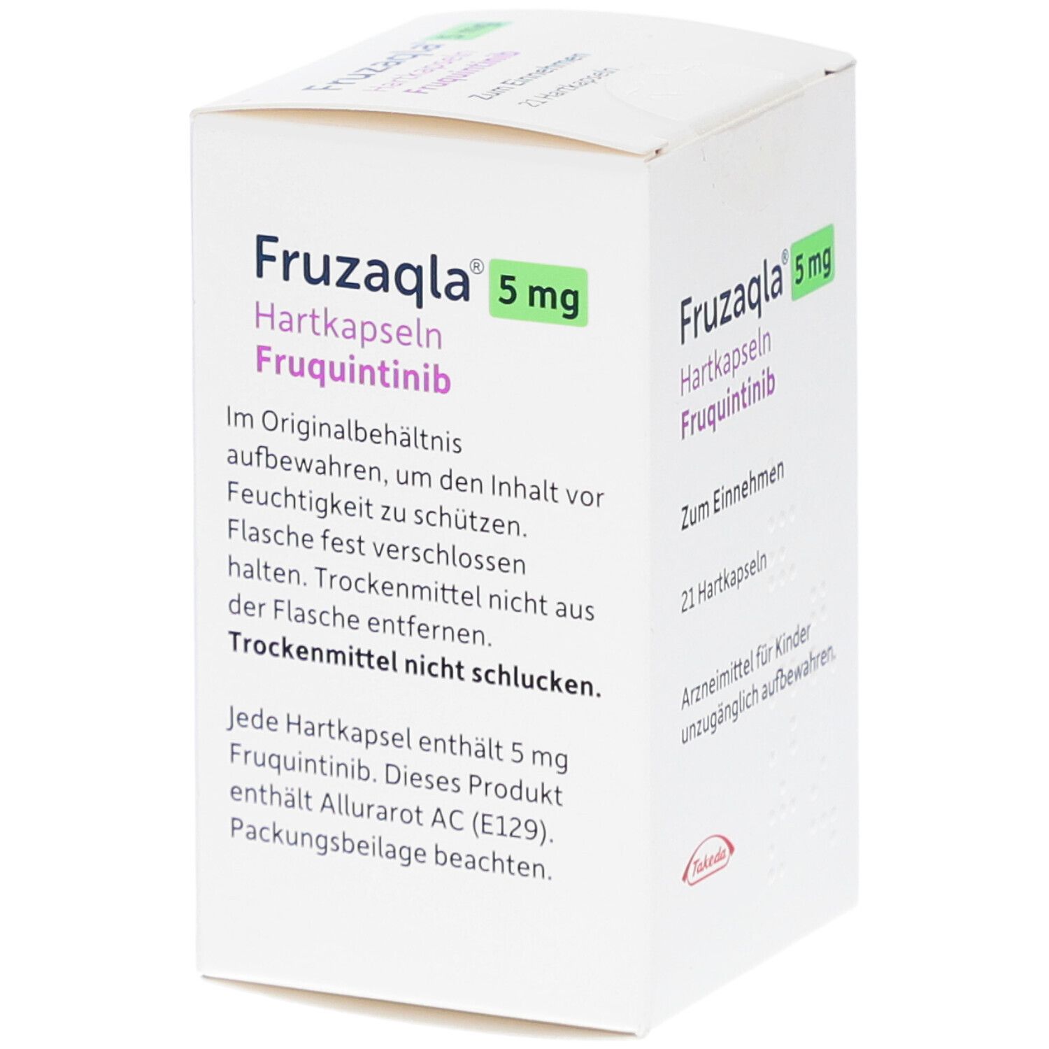 Weiße Schachtel FRUZAQLA 5 mg Hartkapseln. Aufschrift: Fruquintinib, 21 Hartkapseln, Takeda-Logo. Text über Lagerung.
