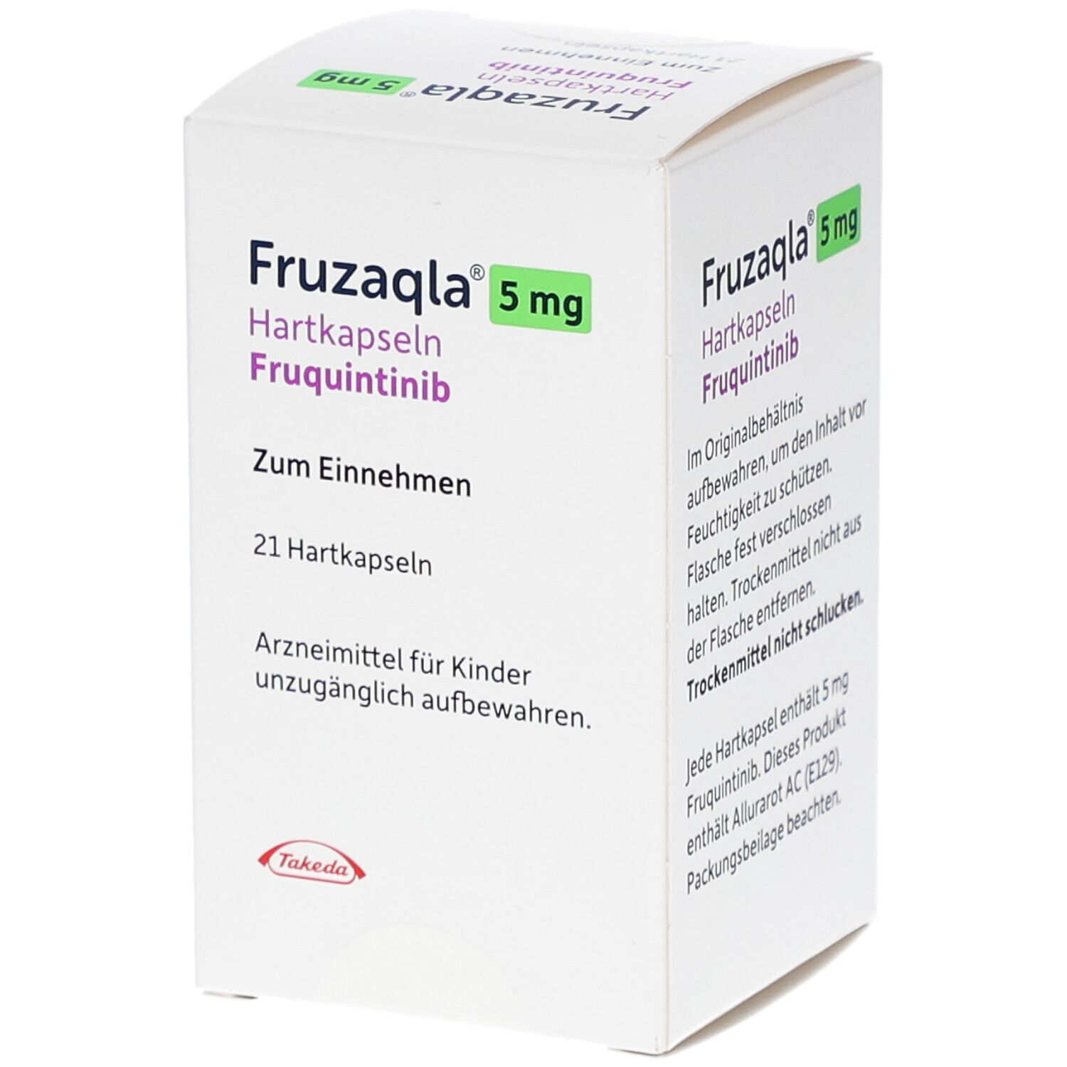 Weiße Schachtel FRUZAQLA 5 mg Hartkapseln. Aufschrift: Fruquintinib, 21 Hartkapseln, Takeda-Logo. Text über Lagerung.