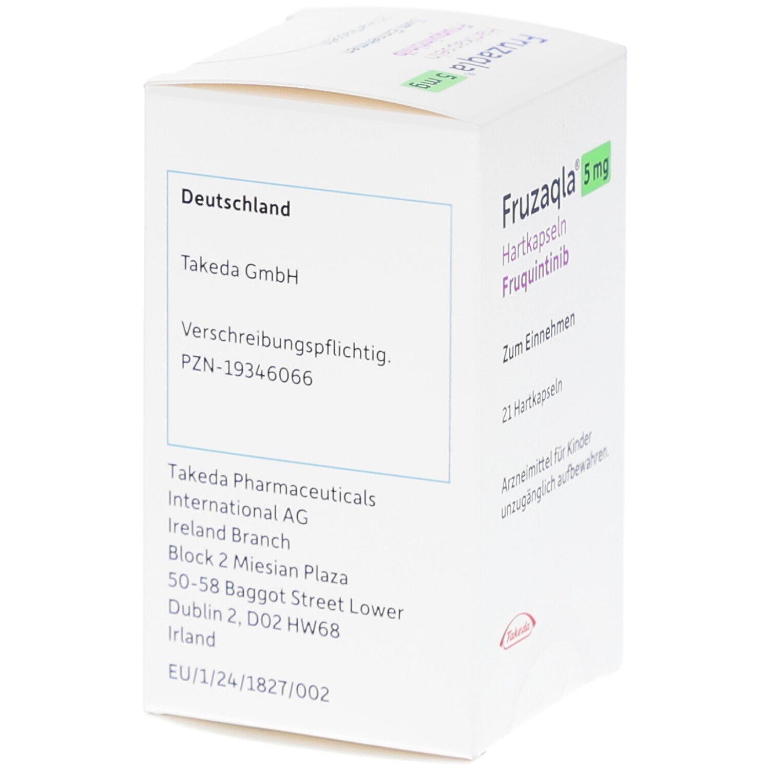 Weiße Schachtel FRUZAQLA 5 mg Hartkapseln. Aufschrift: Fruquintinib, 21 Hartkapseln, Takeda-Logo. Informationen.