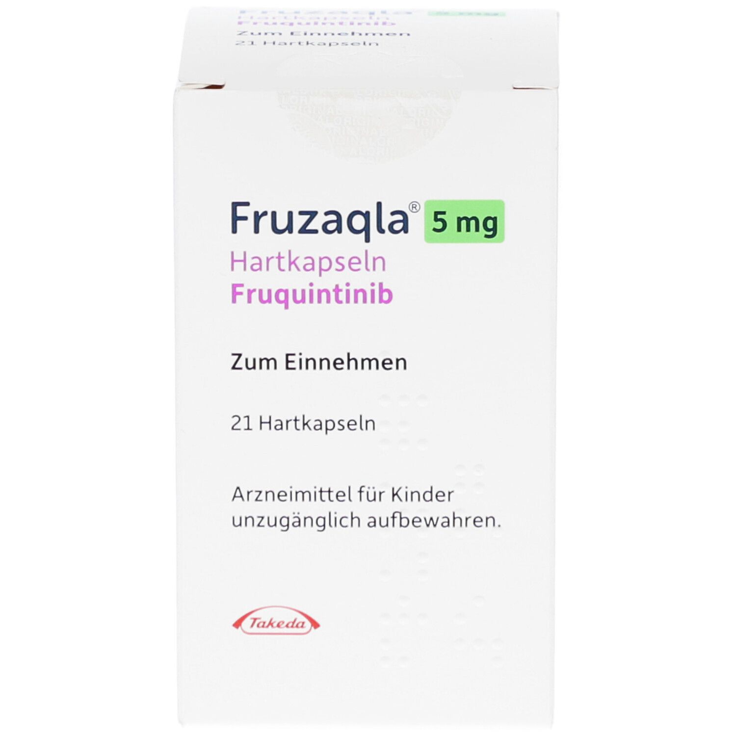 Weiße Schachtel FRUZAQLA 5 mg Hartkapseln. Aufschrift: Fruquintinib, 21 Hartkapseln, Takeda-Logo.