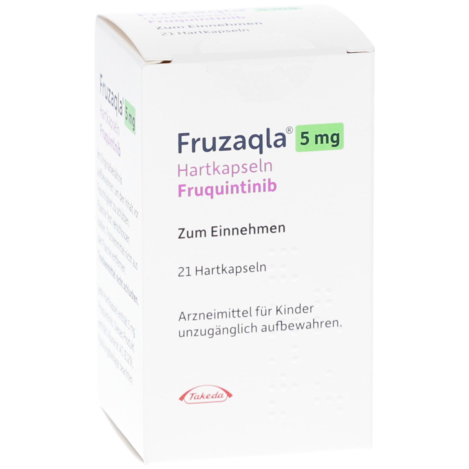 Weiße Schachtel FRUZAQLA 5 mg Hartkapseln. Aufschrift: Fruquintinib, 21 Hartkapseln, Takeda-Logo.