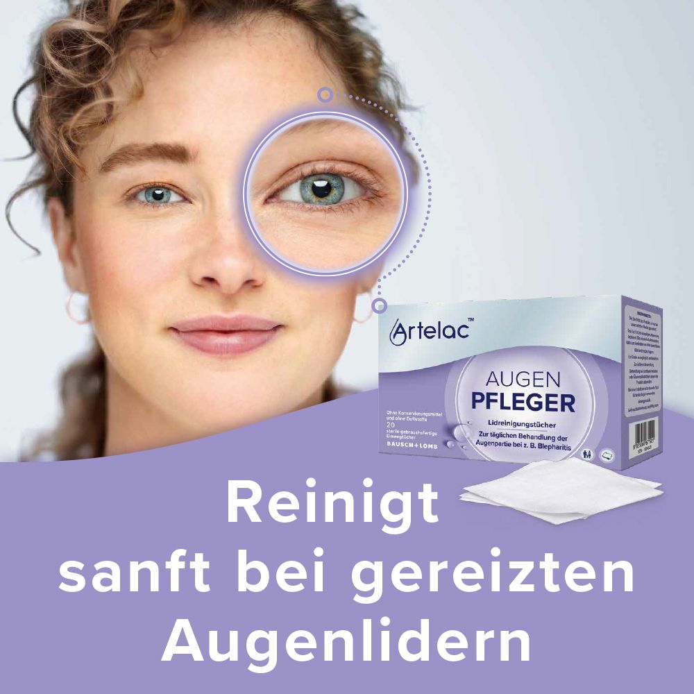 Frau mit blauem Auge, umkreist. Text: Reinigt sanft bei gereizten Augenlidern. Packung und Tücher im Hintergrund.