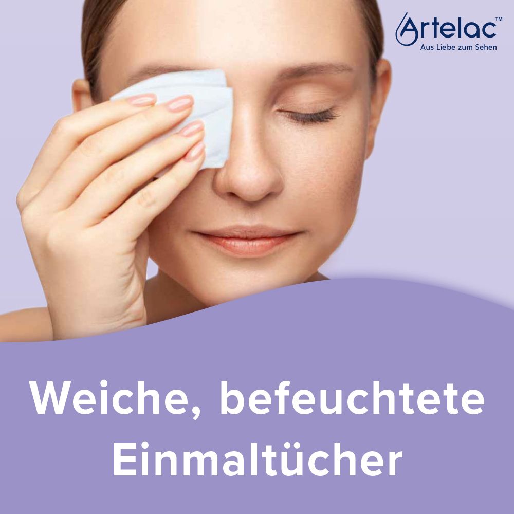 Frau hält ein Tuch an ihr geschlossenes Auge. Text: Weiche, befeuchtete Einmaltücher. Lila Hintergrund.