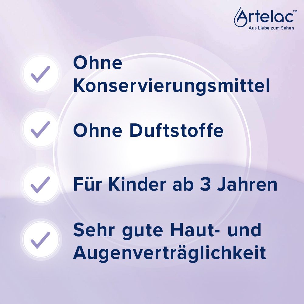 Aufzählung: Ohne Konservierungsmittel, ohne Duftstoffe, für Kinder ab 3 Jahren, sehr gute Haut- und Augenverträglichkeit.