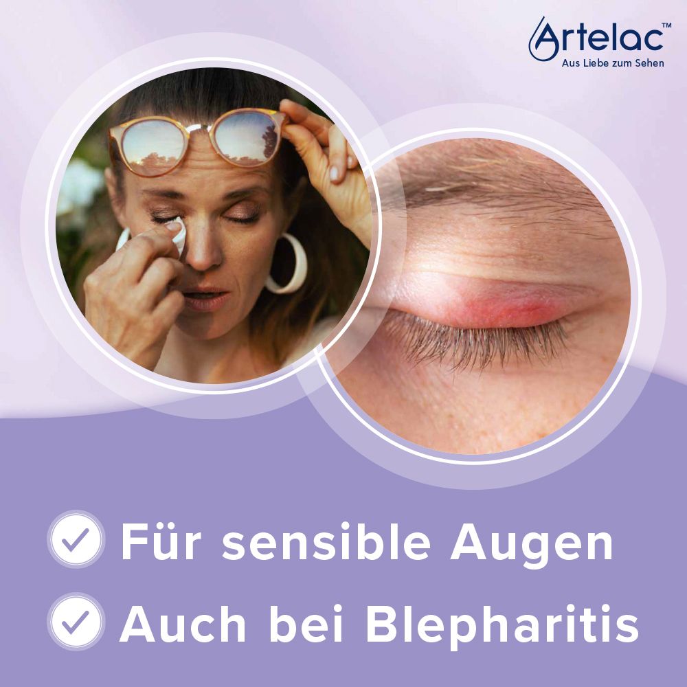 Frau mit Sonnenbrille und Augenlid-Entzündung. Text: Für sensible Augen, auch bei Blepharitis. Produktpackung im Hintergrund.