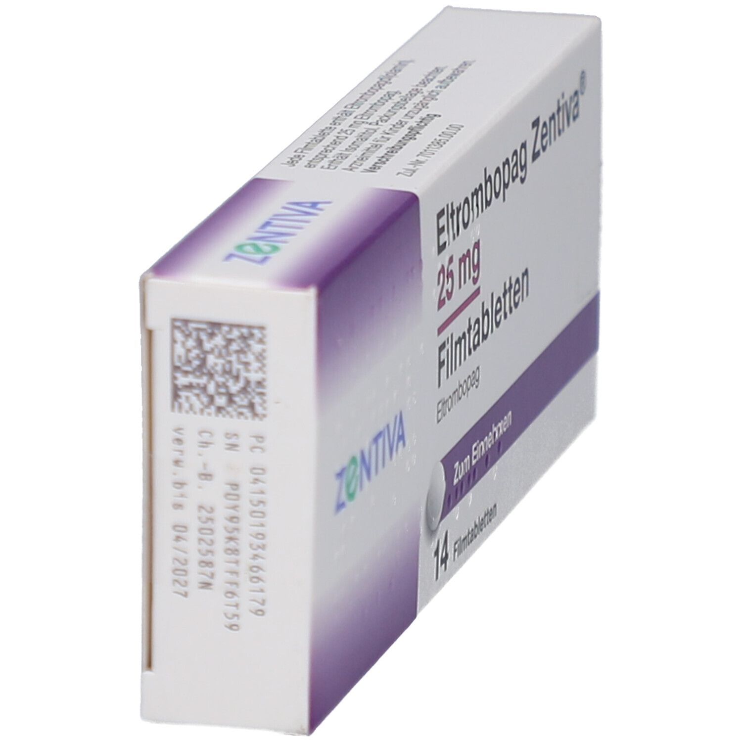 Schachtel ELTROMBOPAG Zentiva 25 mg Filmtabletten. Seitenansicht mit Barcode und Text. 14 Tabletten.