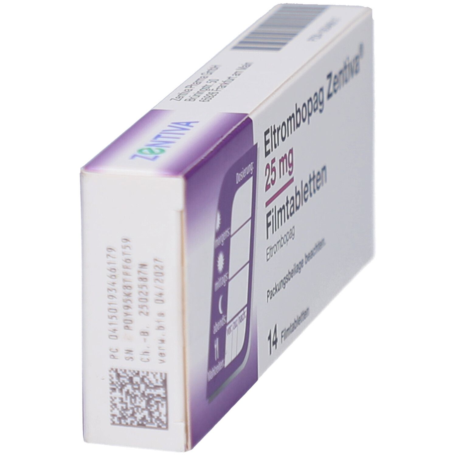Schachtel ELTROMBOPAG Zentiva 25 mg Filmtabletten. Seitenansicht mit Dosierungsplan und Text. 14 Tabletten.
