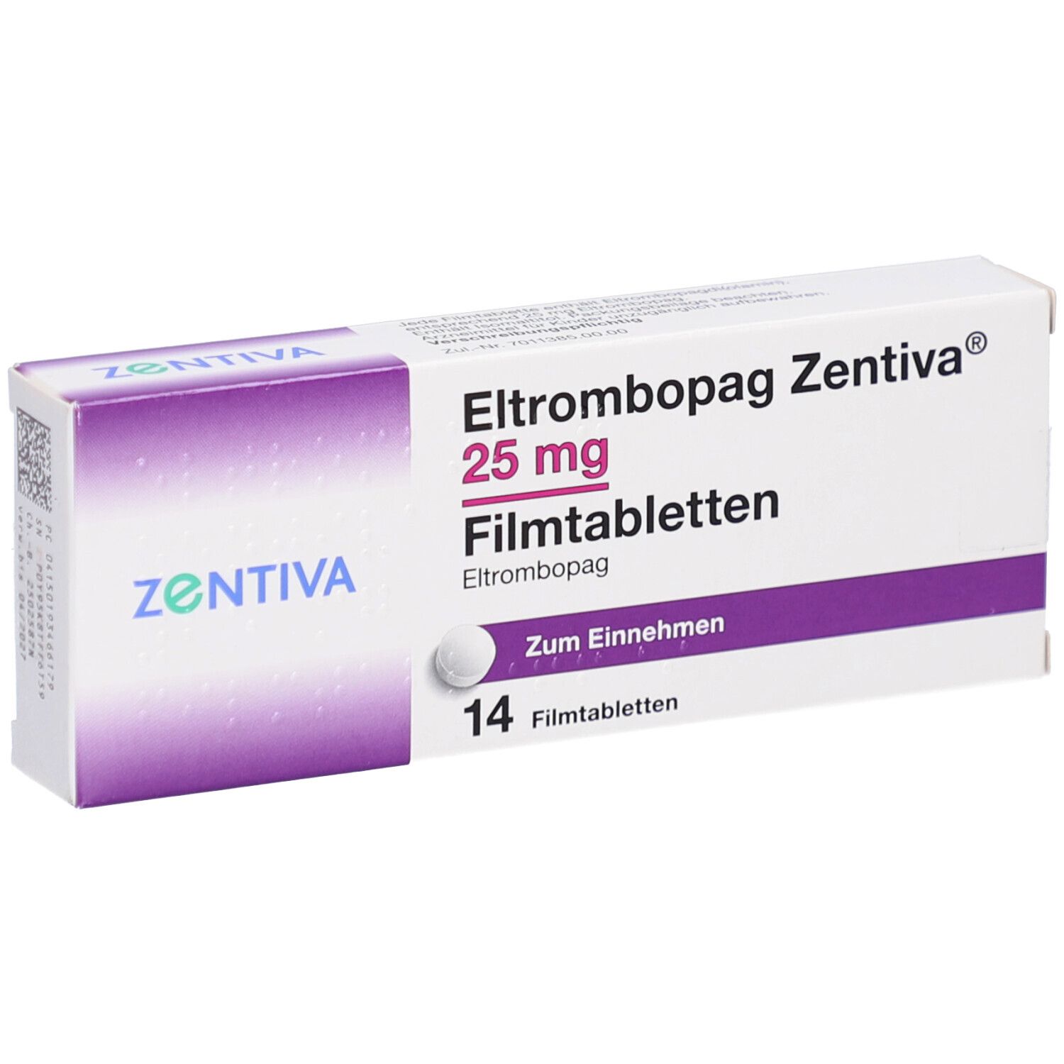 Schachtel ELTROMBOPAG Zentiva 25 mg Filmtabletten. 14 Tabletten. Aufschrift: Zum Einnehmen.