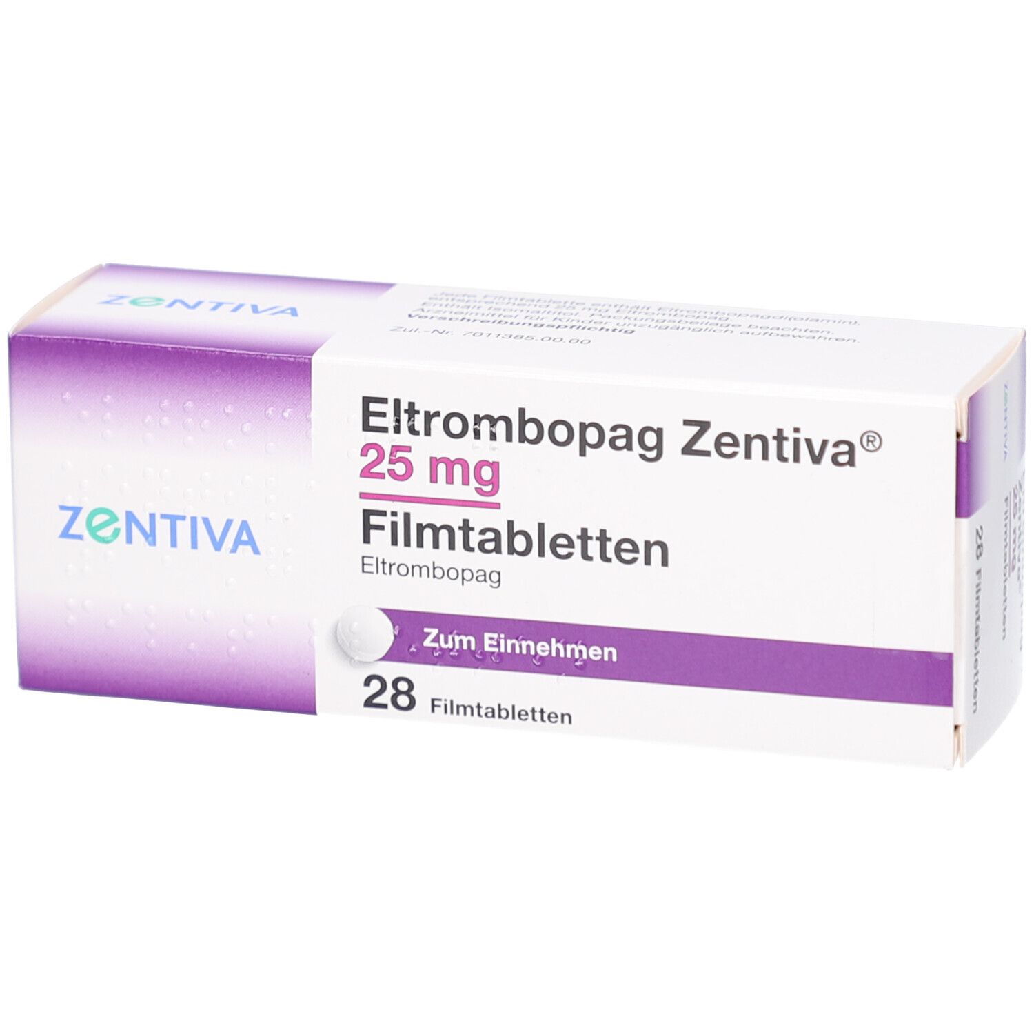 Schachtel mit ELTROMBOPAG Zentiva 25 mg Filmtabletten. 28 Tabletten. Lila und weiße Verpackung mit Logo.
