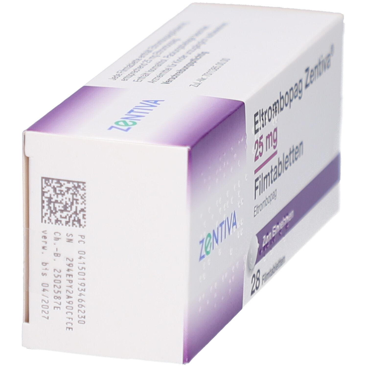 Schachtel ELTROMBOPAG Zentiva 25 mg Filmtabletten. Seitenansicht. Weiße und lila Verpackung mit Barcode und Text.