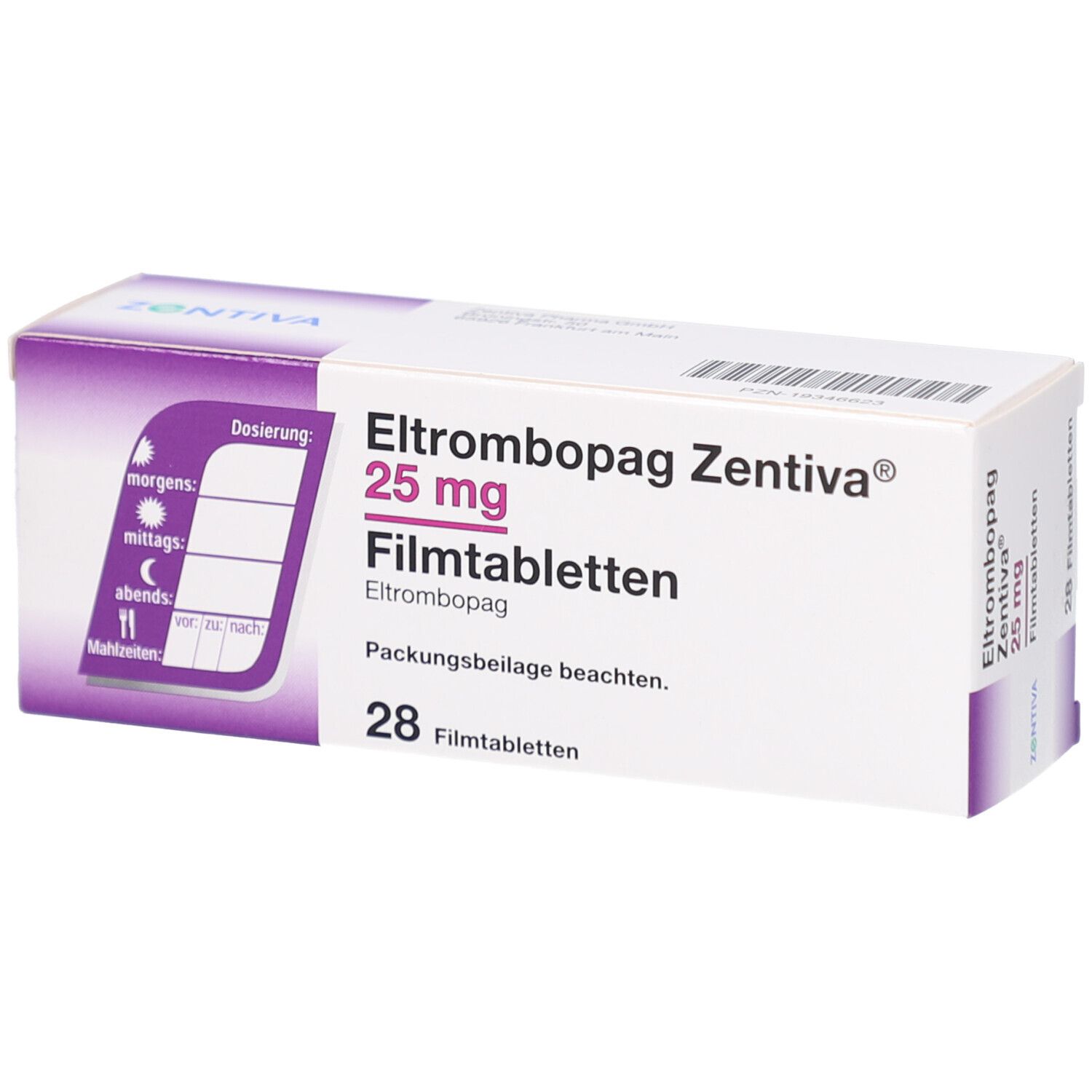 Schachtel mit ELTROMBOPAG Zentiva 25 mg Filmtabletten. 28 Tabletten. Mit Dosierungsplan auf der Seite.