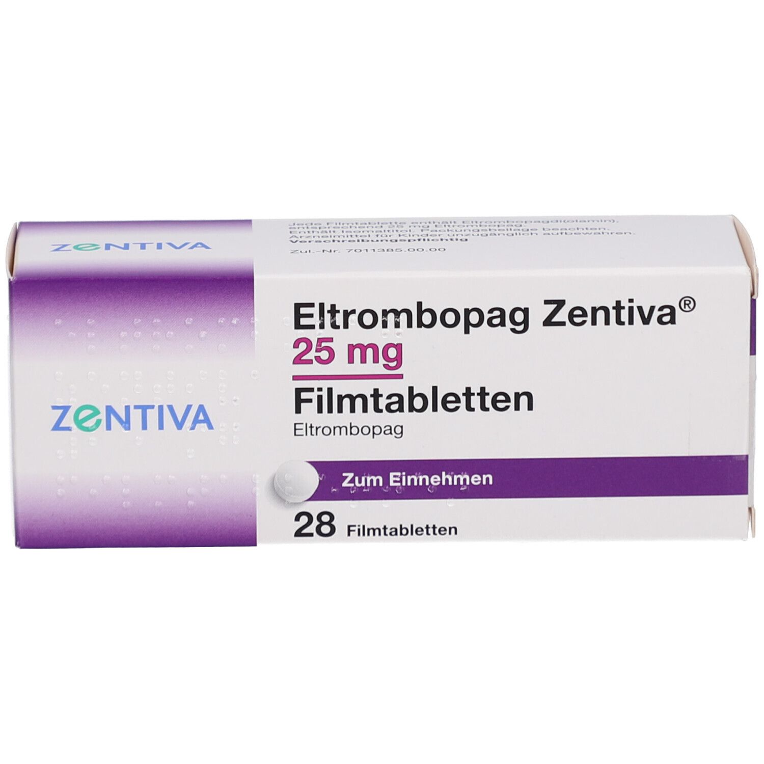 Schachtel mit ELTROMBOPAG Zentiva 25 mg Filmtabletten. 28 Tabletten. Weiße und lila Verpackung mit Tablette.