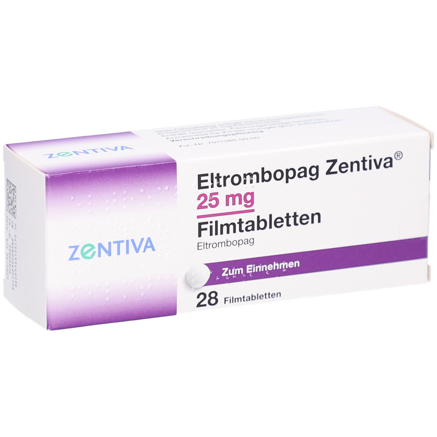 Schachtel mit ELTROMBOPAG Zentiva 25 mg Filmtabletten. 28 Tabletten. Weiße und lila Verpackung.