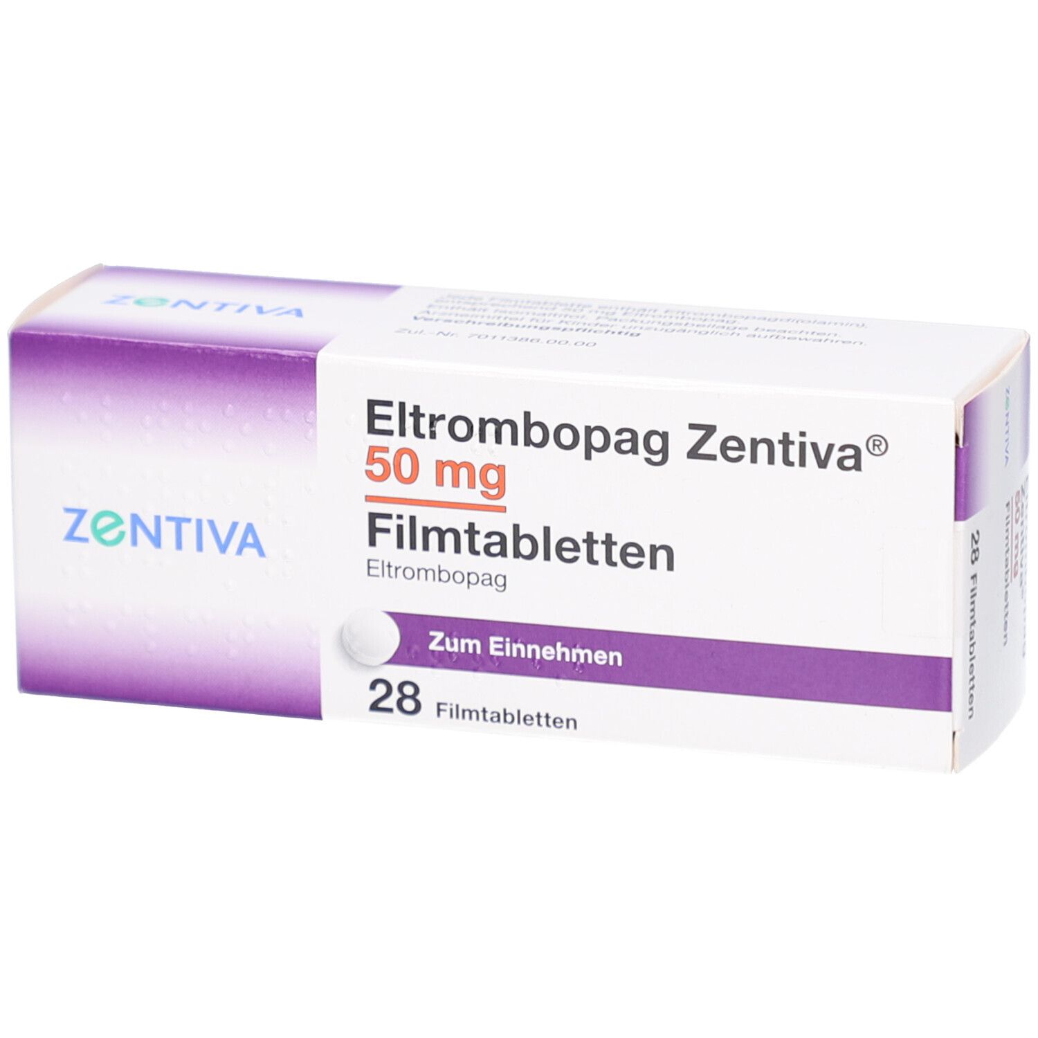 Schachtel mit ELTROMBOPAG Zentiva 50 mg Filmtabletten. 28 Tabletten. Marke und Produktname deutlich sichtbar.