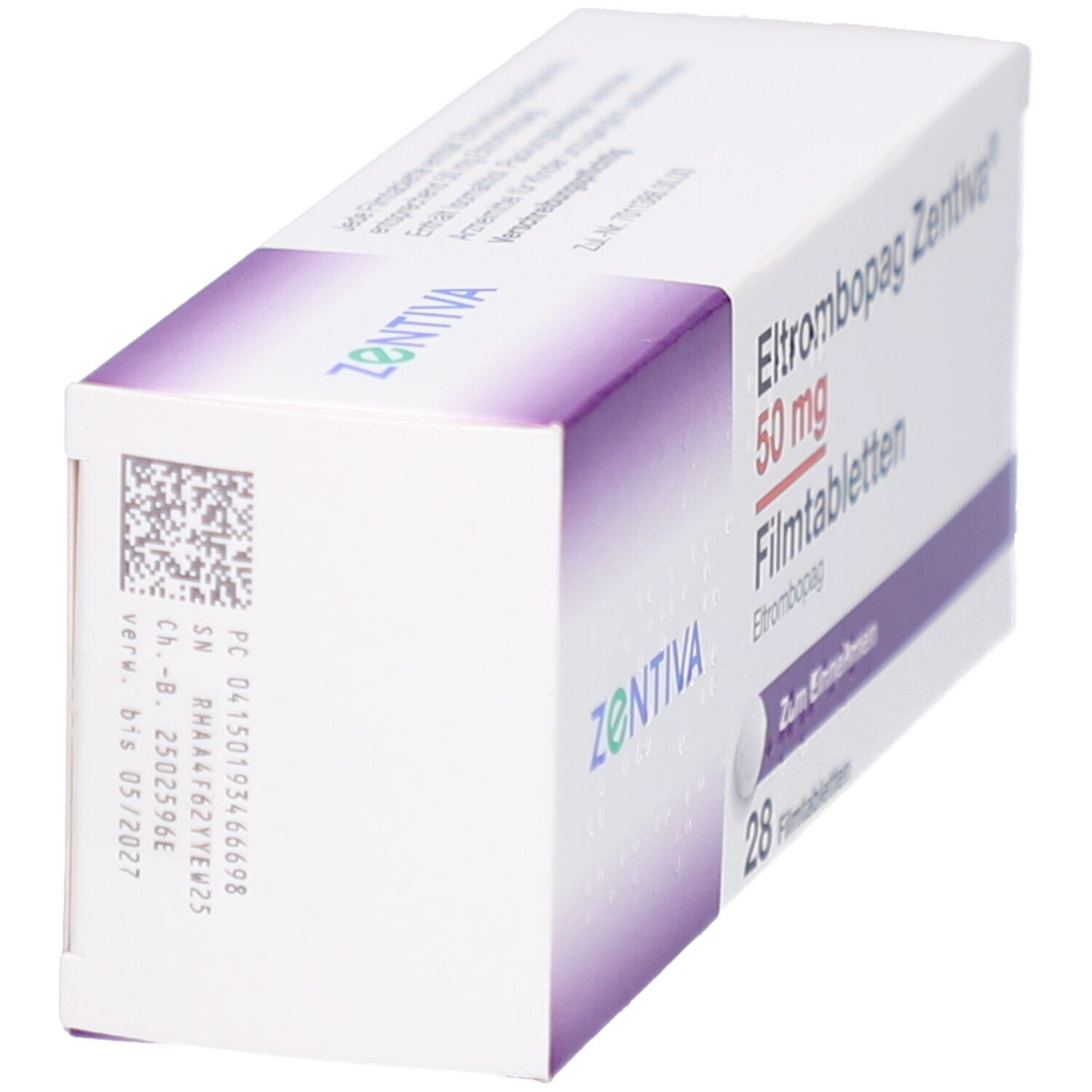 Schachtel ELTROMBOPAG Zentiva 50 mg Filmtabletten. Seitenansicht. Barcode und Produktinformationen.