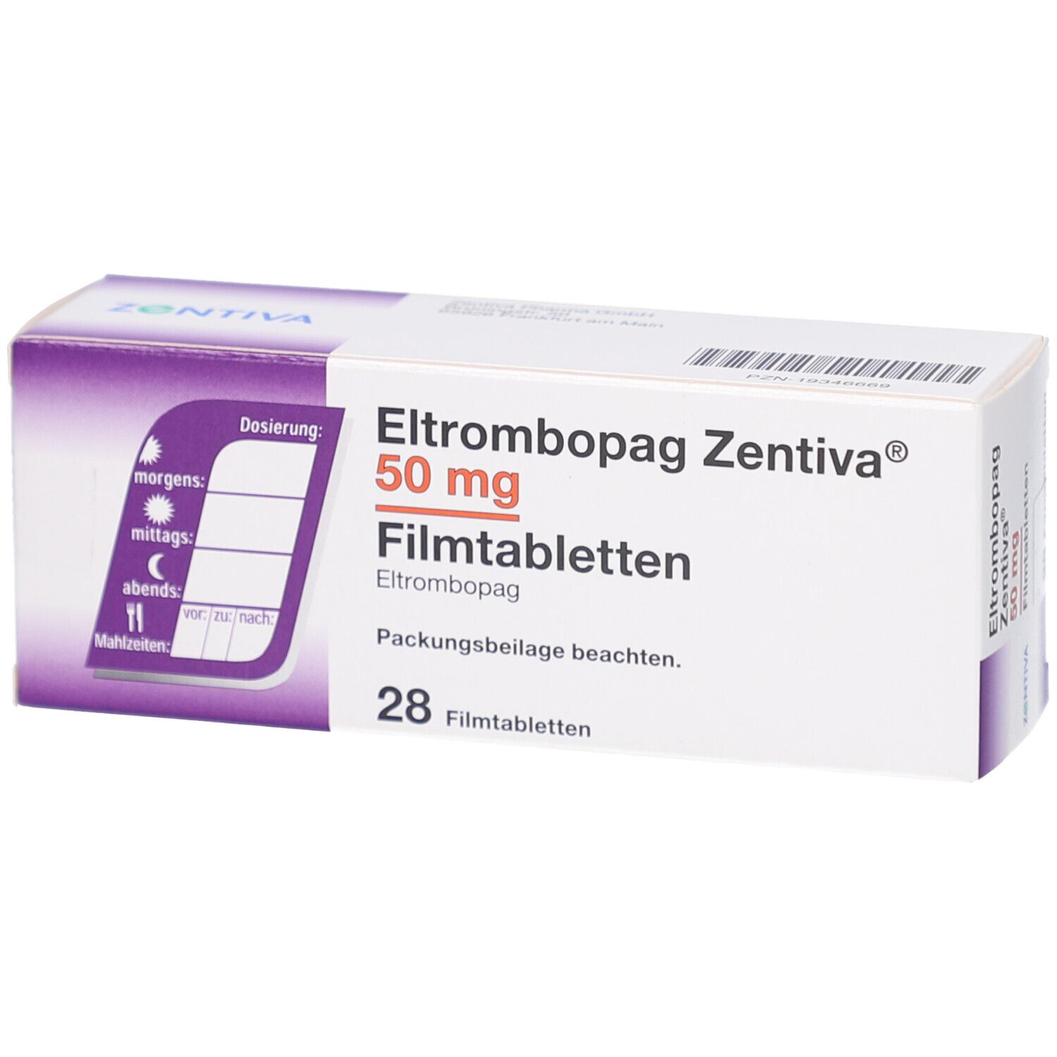 Schachtel ELTROMBOPAG Zentiva 50 mg Filmtabletten. Dosierungsanleitung auf der Verpackung.