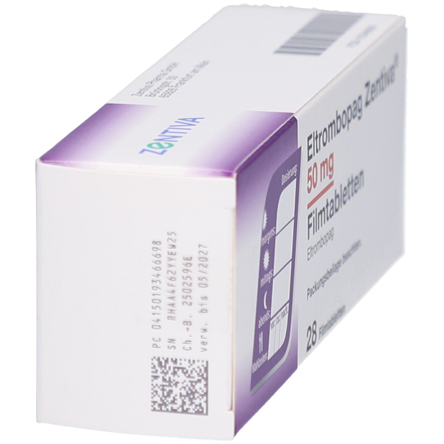 Schachtel ELTROMBOPAG Zentiva 50 mg Filmtabletten. Seitenansicht mit Barcode und Produktinformationen.