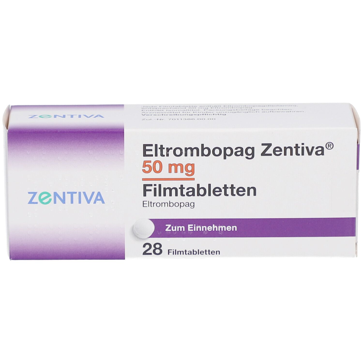Schachtel ELTROMBOPAG Zentiva 50 mg Filmtabletten. 28 Tabletten. Marke und Produktname deutlich sichtbar.