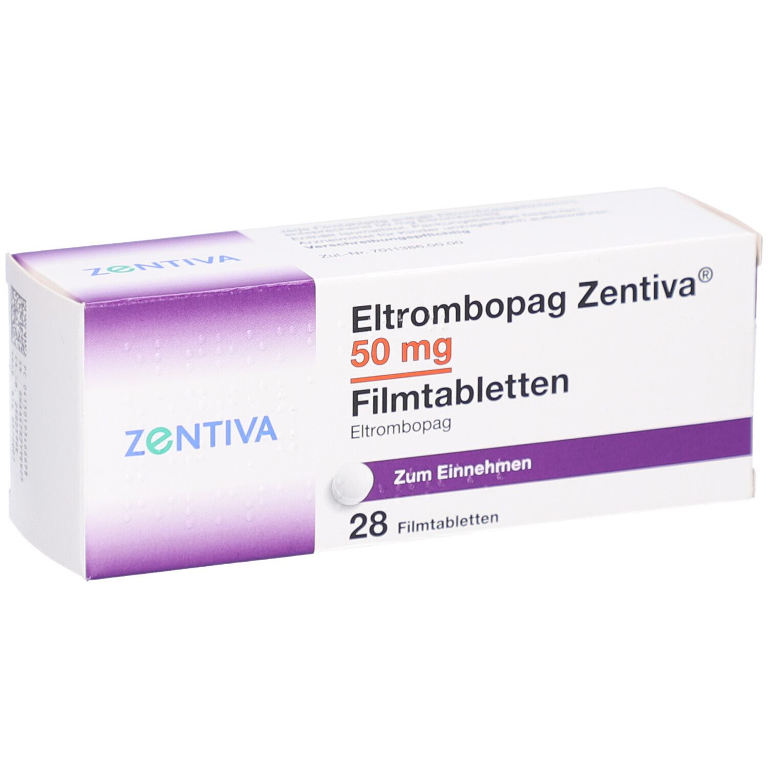 Schachtel ELTROMBOPAG Zentiva 50 mg Filmtabletten. 28 Tabletten. Marke und Produktname deutlich sichtbar.