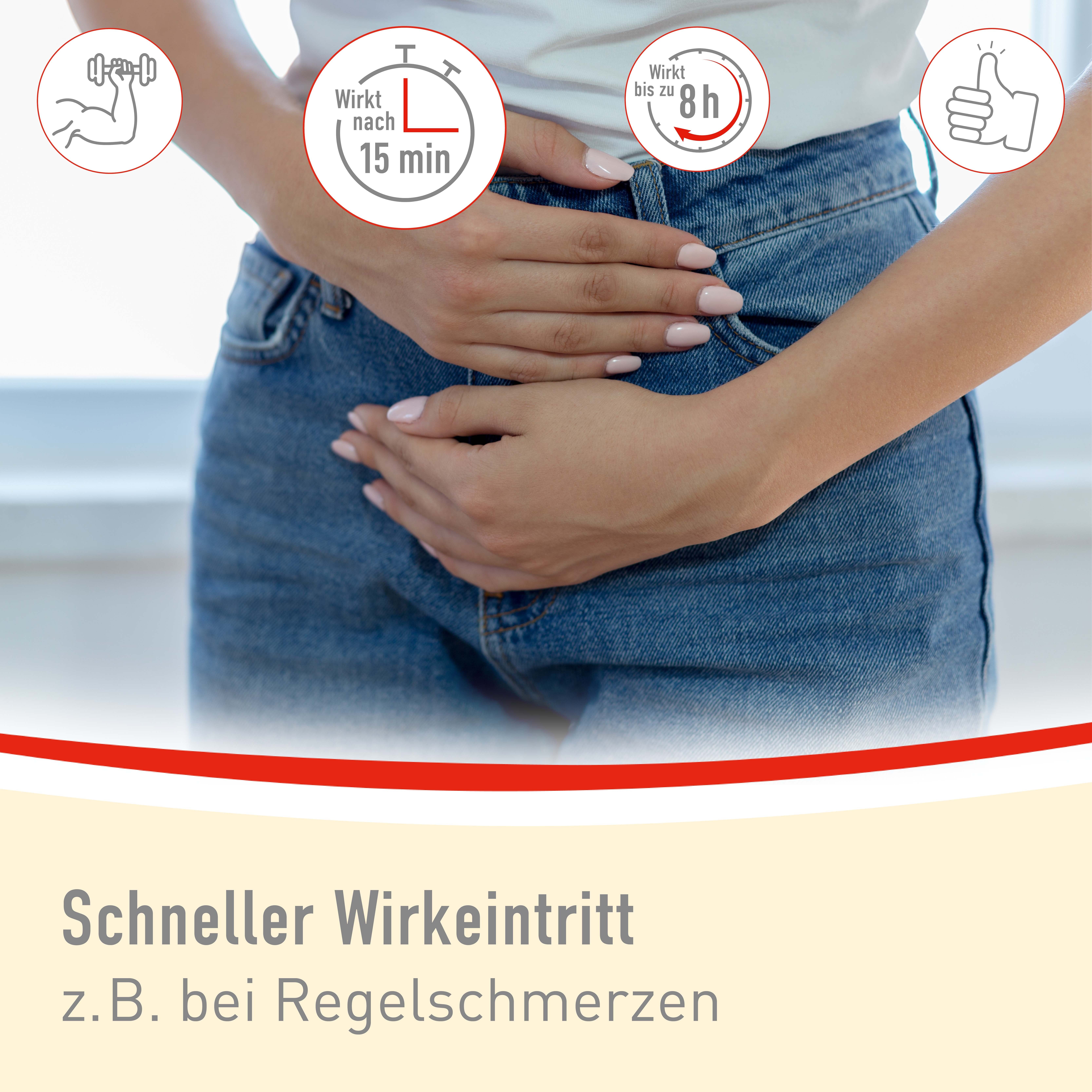 Frau mit Bauchschmerzen, daneben Icons: Muskel, Uhr (15 min), Uhr (8h), Daumen hoch. Text: Schneller Wirkeintritt z.B. bei Regelschmerzen.
