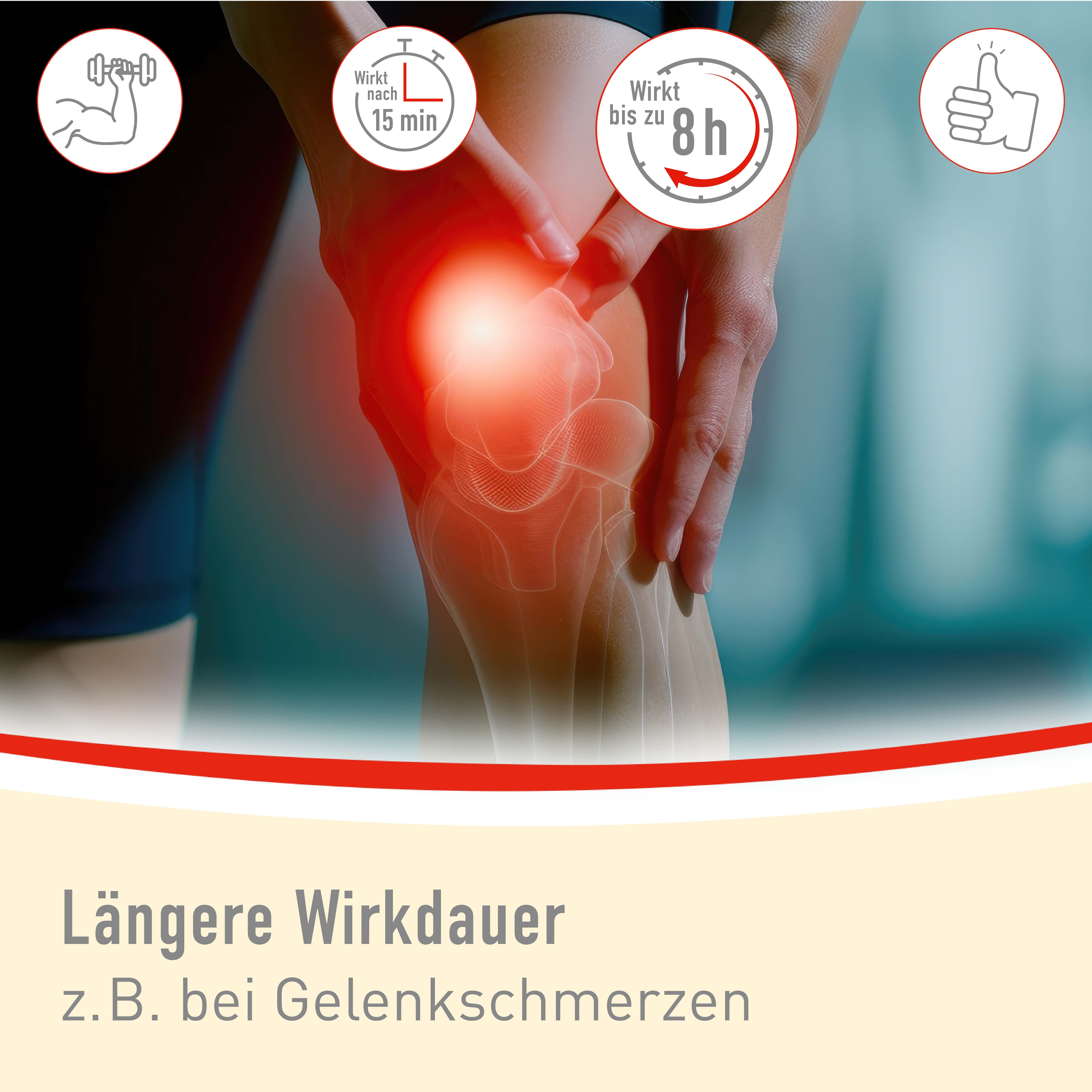 Knie mit Schmerzen, daneben Icons: Muskel, Uhr (15 min), Uhr (8h), Daumen hoch. Text: Längere Wirkdauer z.B. bei Gelenkschmerzen.