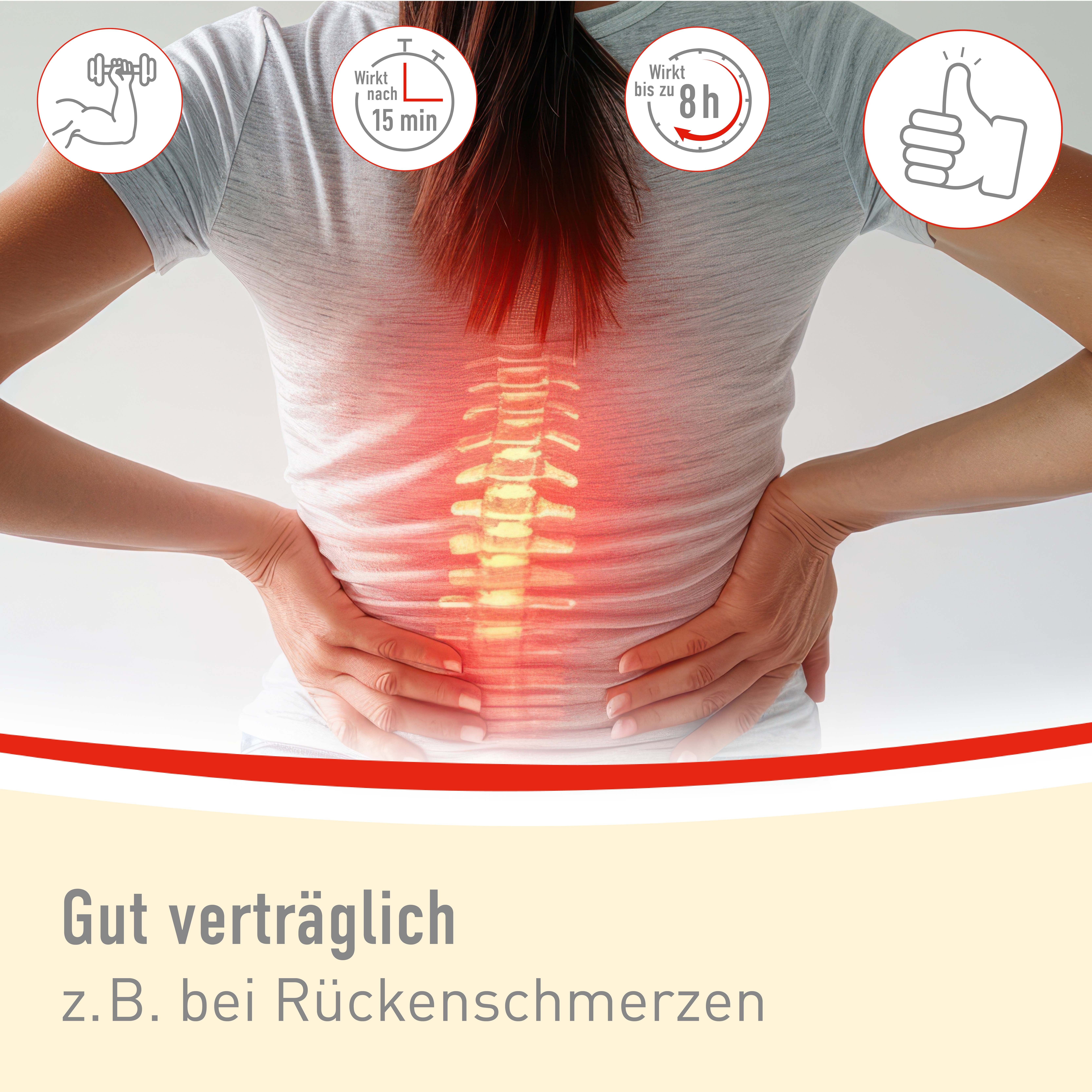 Rücken mit Schmerzen, daneben Icons: Muskel, Uhr (15 min), Uhr (8h), Daumen hoch. Text: Gut verträglich z.B. bei Rückenschmerzen.