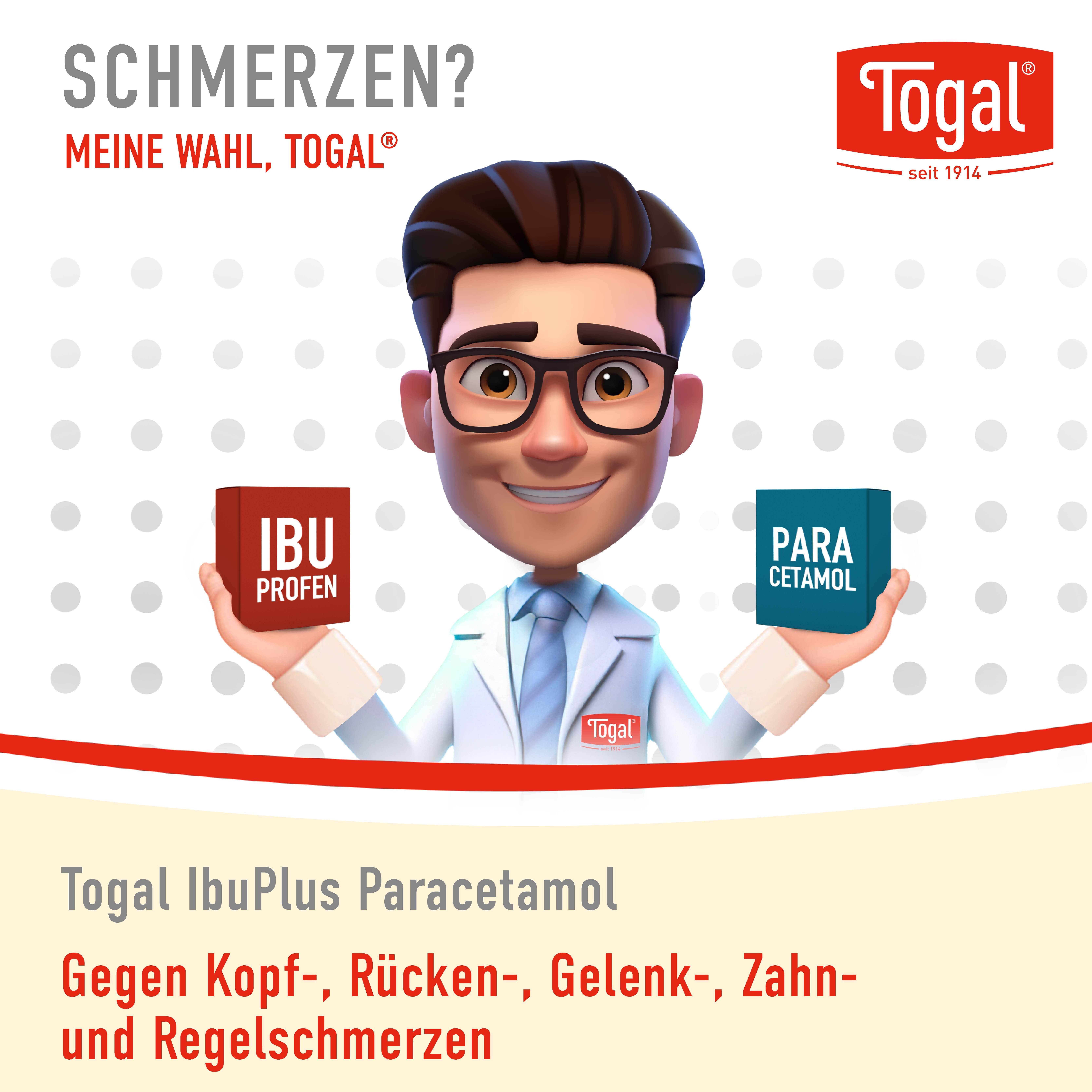 Cartoon-Arzt mit Tabletten-Boxen. Text: TOGAL IbuPlus Paracetamol. Gegen Kopf-, Rücken-, Gelenk-, Zahn- und Regelschmerzen.