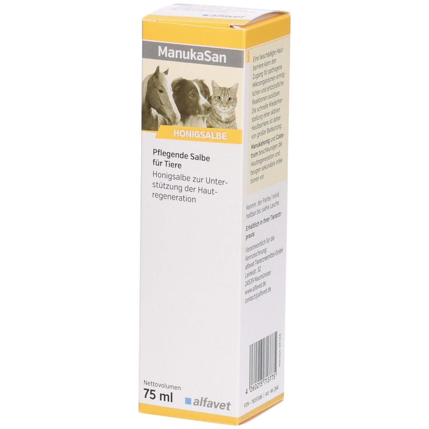 Karton mit Produktabbildung, Text: Honigsalbe für Tiere, 75 ml, alfavet. Abbildung von Pferd, Hund und Katze.