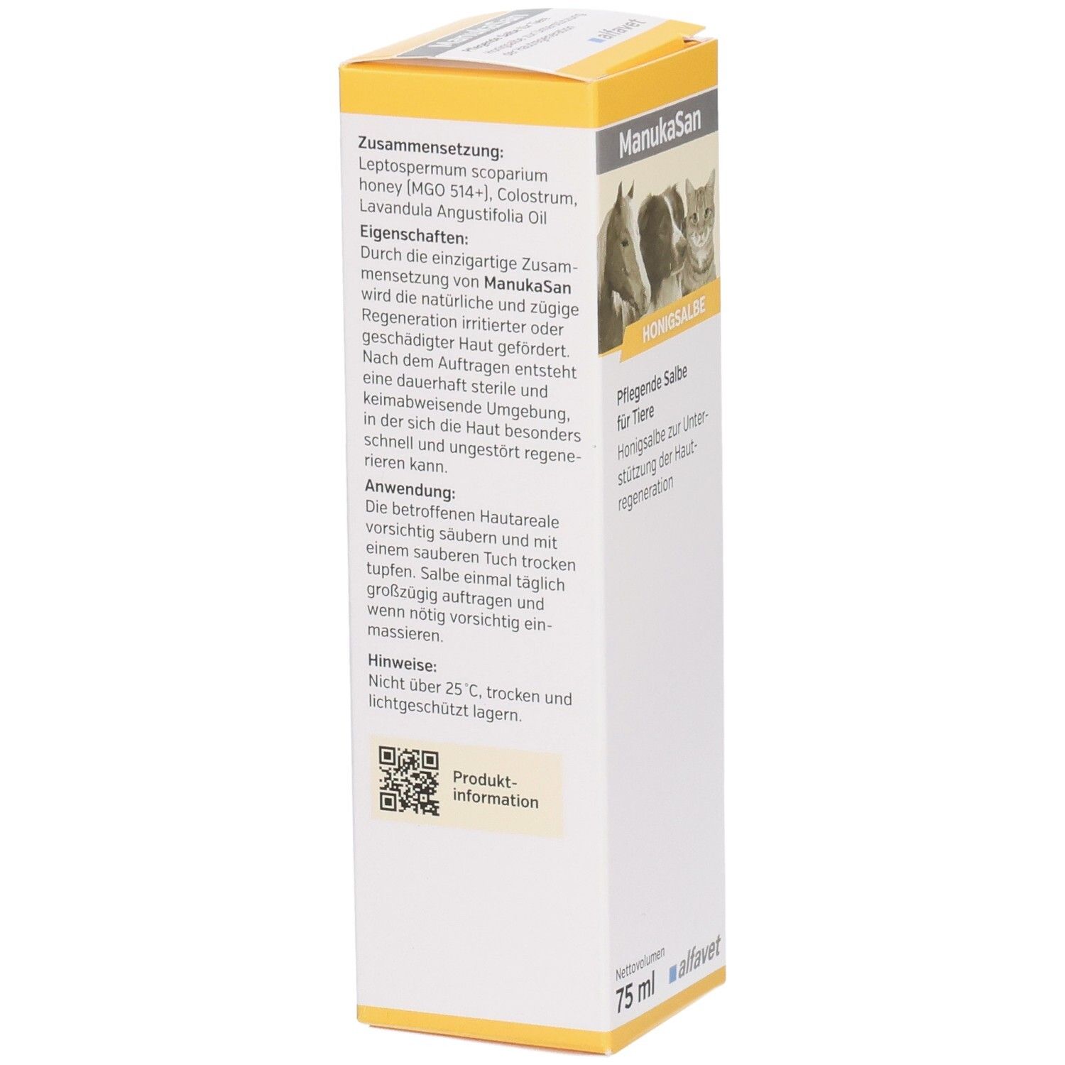 Karton mit Produktabbildung, Text: Honigsalbe für Tiere, 75 ml, alfavet. Rückseite mit Inhaltsstoffen und Anwendungshinweisen.