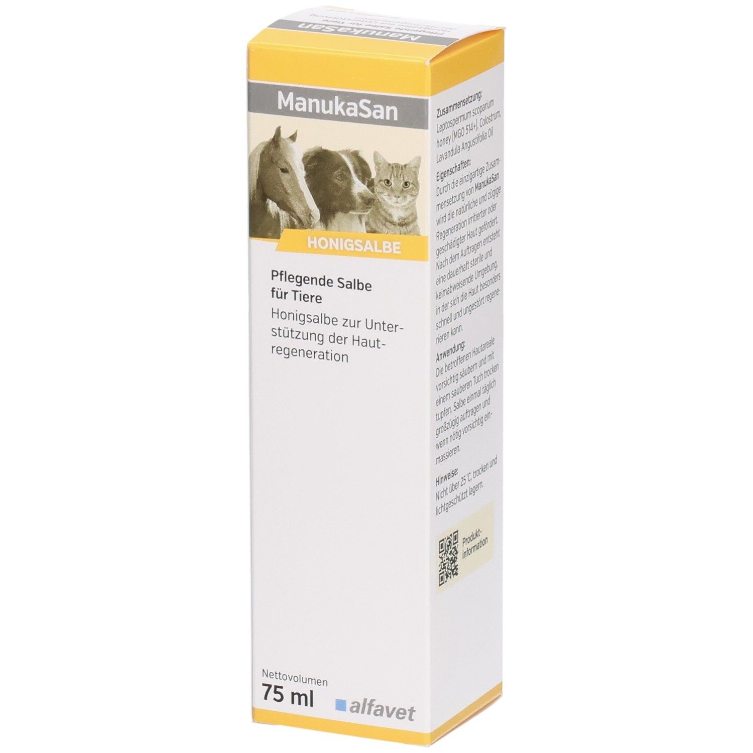 Karton mit Produktabbildung, Text: Honigsalbe für Tiere, 75 ml, alfavet. Seitenansicht mit Text und QR-Code.