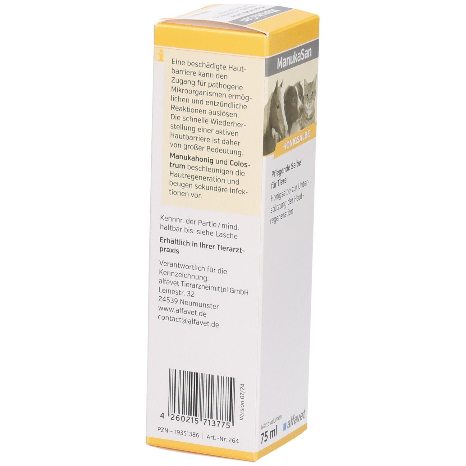 Karton mit Produktabbildung, Text: Honigsalbe für Tiere, 75 ml, alfavet. Seitenansicht mit Text.