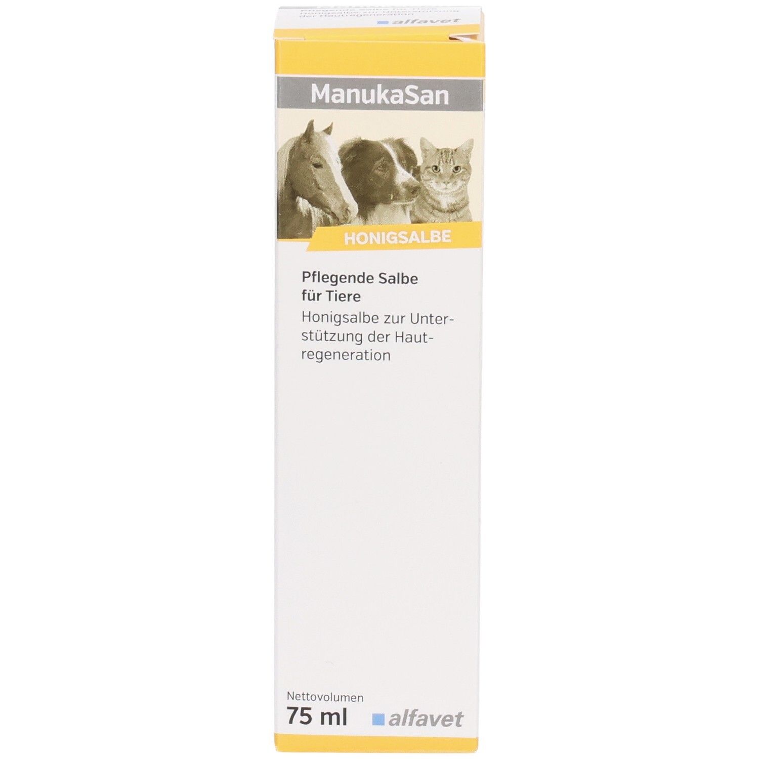 Karton mit Produktabbildung, Text: Honigsalbe für Tiere, 75 ml, alfavet. Vorderansicht.