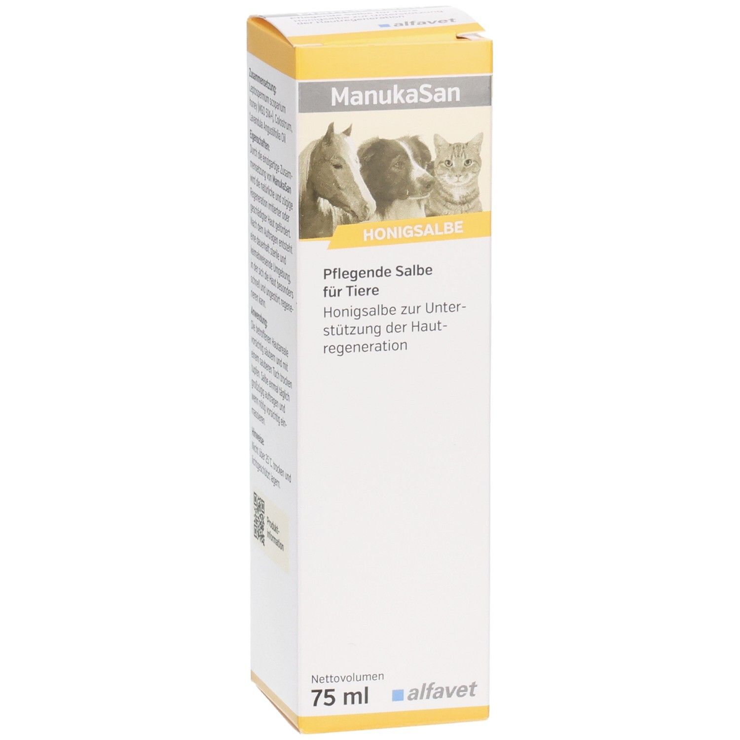 Karton mit Produktabbildung, Text: Honigsalbe für Tiere, 75 ml, alfavet. Seitenansicht.