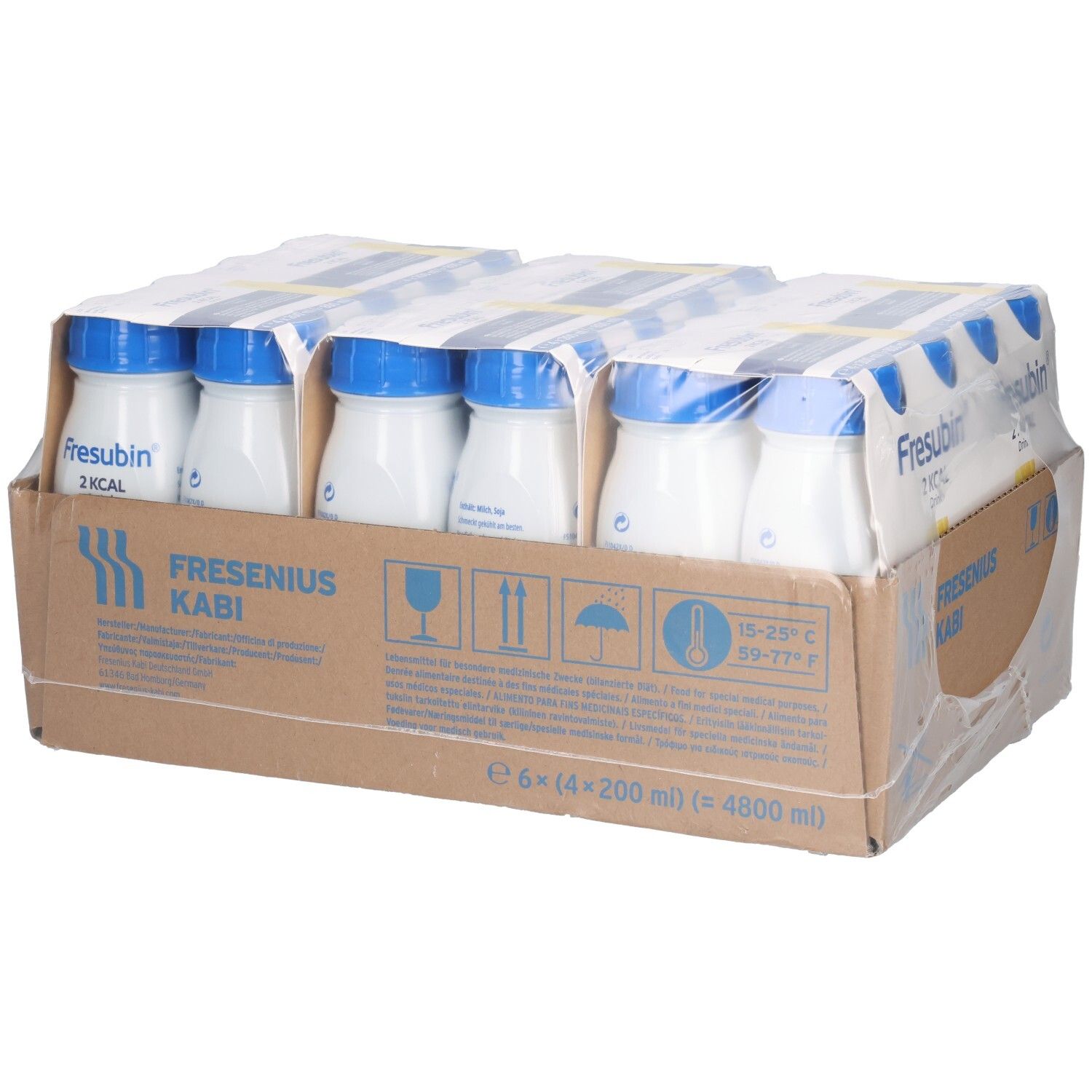Fresubin 2 KCAL Drink Vanille: 24x200ml Flaschen, Karton mit Lagerungshinweisen.