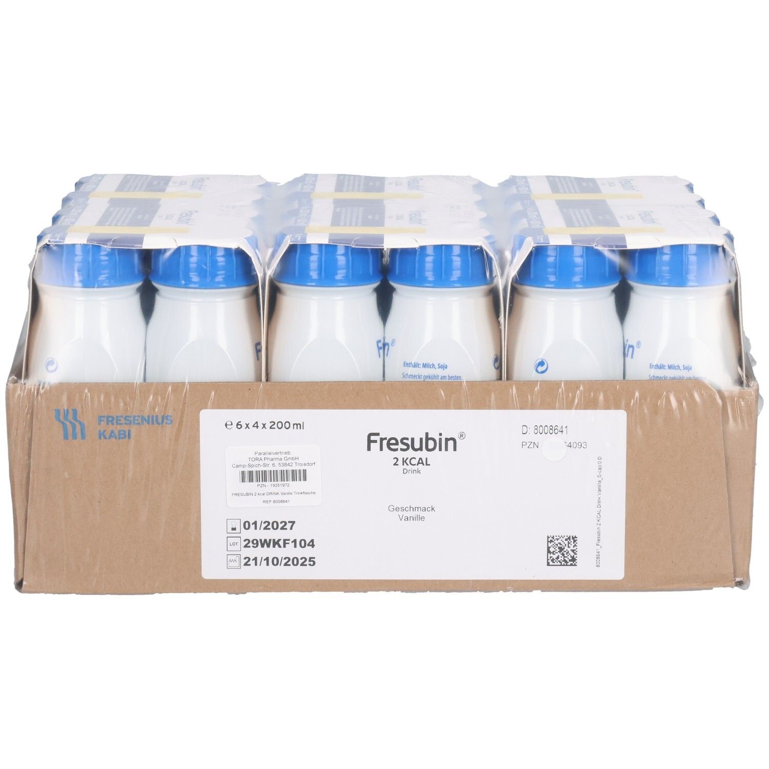 Fresubin 2 KCAL Drink Vanille: 24x200ml Flaschen, Vorderseite des Kartons.