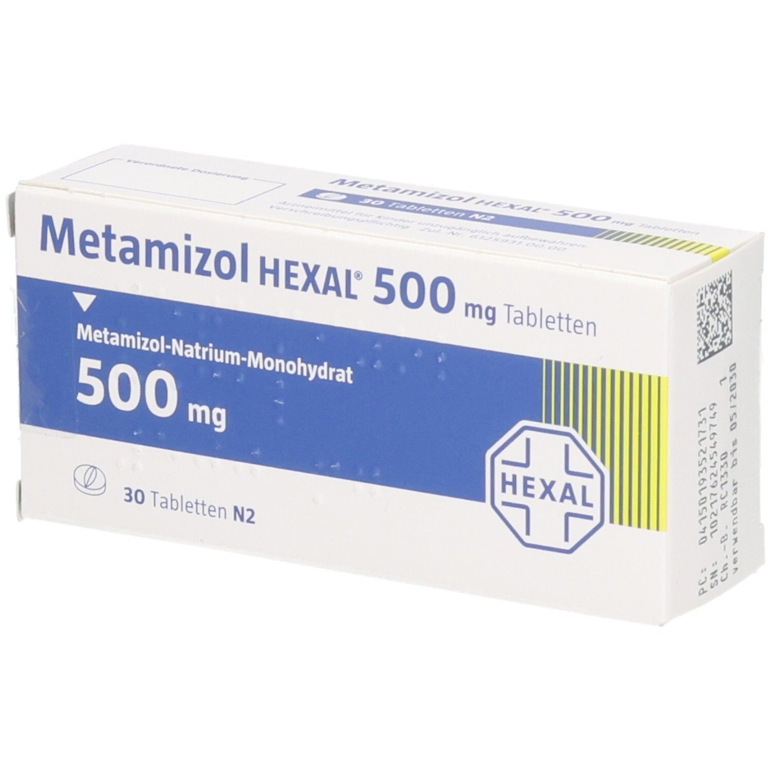 Schachtel mit METAMIZOL HEXAL 500 mg Tabletten. Blaue und weiße Verpackung mit Produktinformationen und HEXAL-Logo.