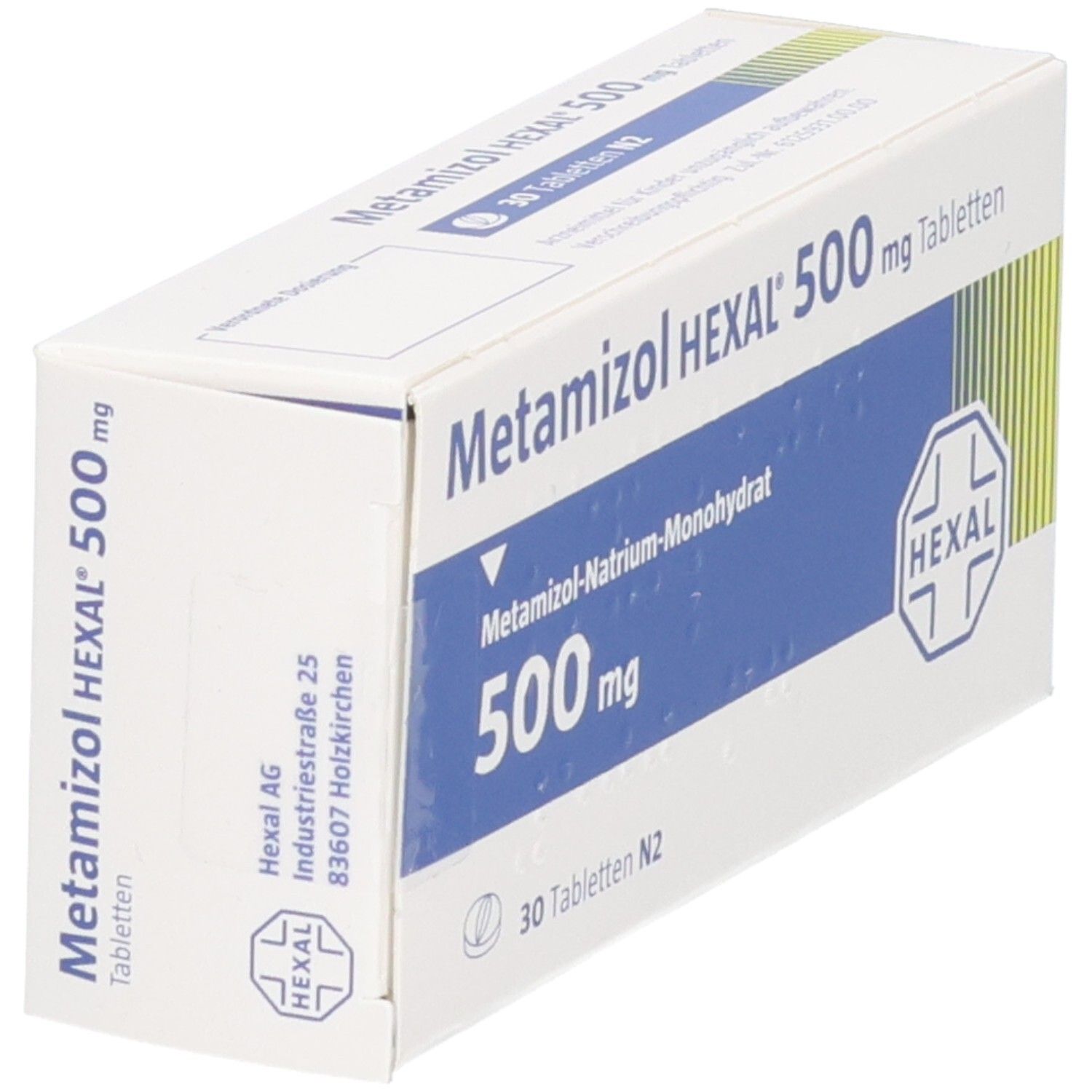 Schachtel METAMIZOL HEXAL 500 mg Tabletten. Weiße Verpackung mit blauer Fläche und HEXAL-Logo. Seitenansicht.