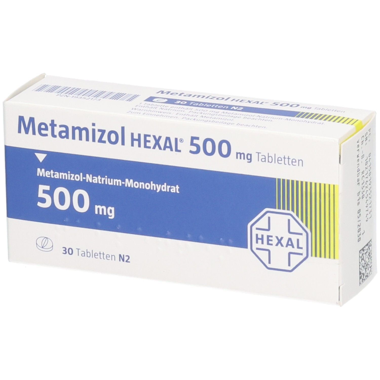 Schachtel METAMIZOL HEXAL 500 mg Tabletten. Weiße Verpackung mit blauer Fläche und HEXAL-Logo. Schrägansicht.