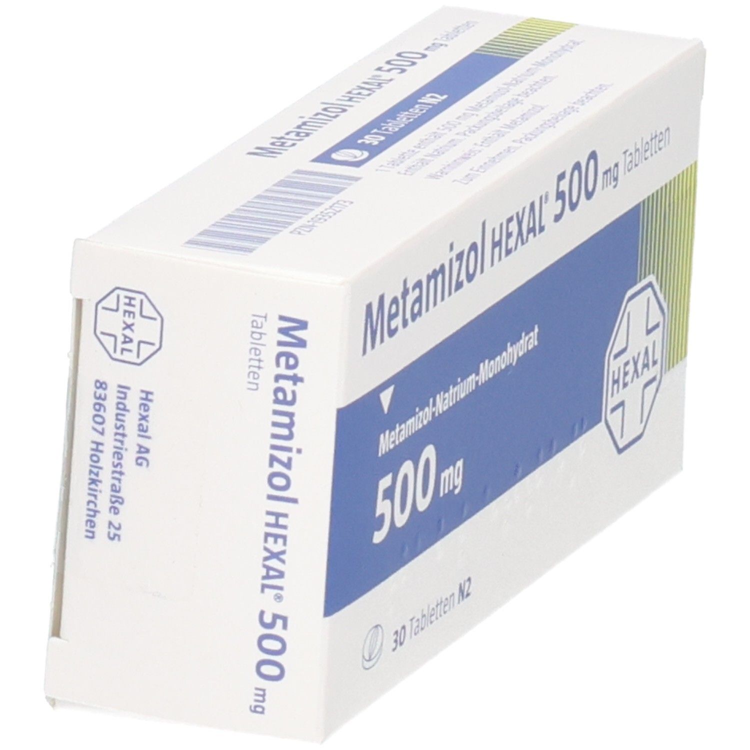 Schachtel METAMIZOL HEXAL 500 mg Tabletten. Weiße Verpackung mit blauer Fläche und HEXAL-Logo. Schrägansicht.