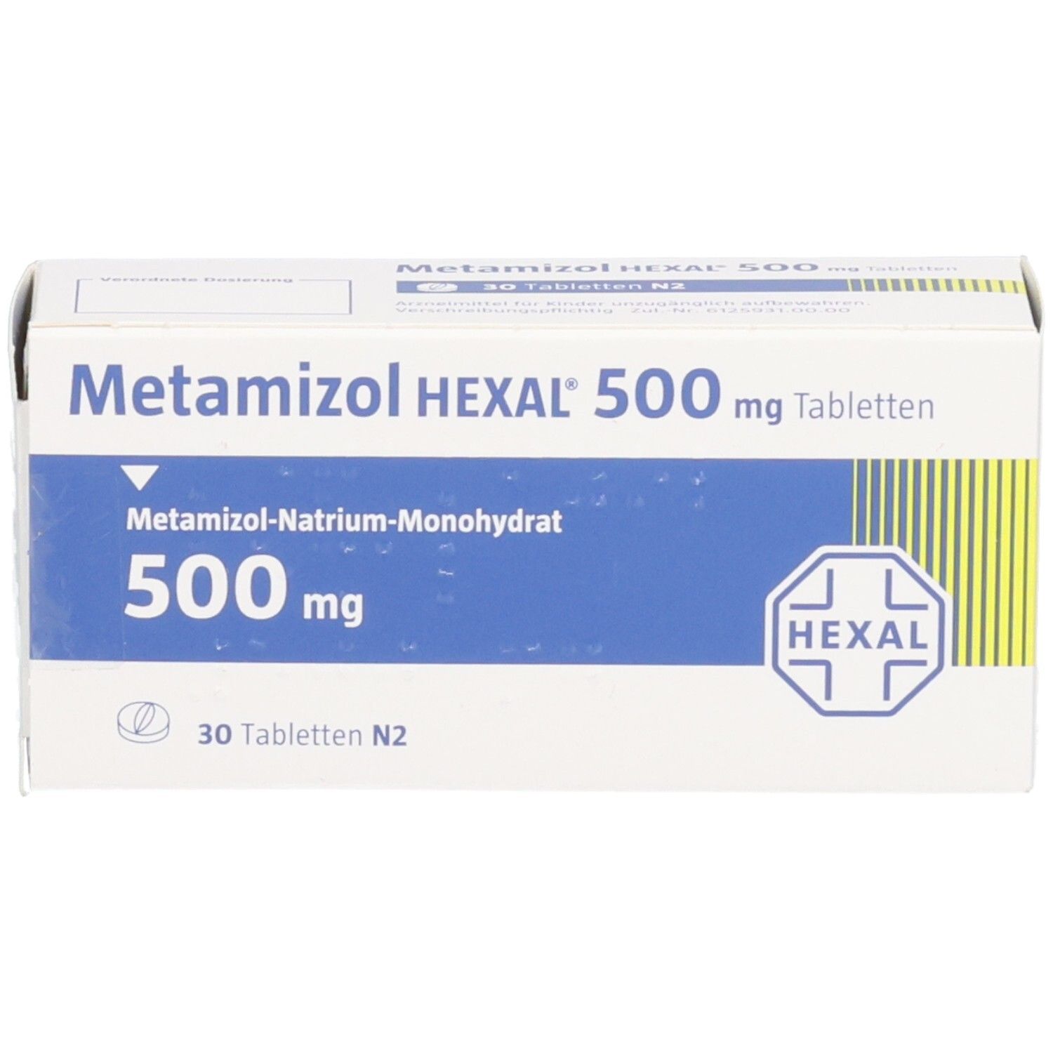 Schachtel METAMIZOL HEXAL 500 mg Tabletten. Weiße Verpackung mit blauer Fläche und HEXAL-Logo. Draufsicht.