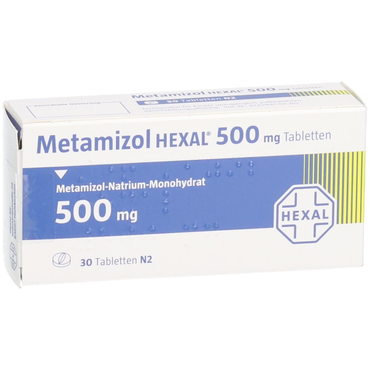Schachtel METAMIZOL HEXAL 500 mg Tabletten. Weiße Verpackung mit blauer Fläche und HEXAL-Logo. Draufsicht.