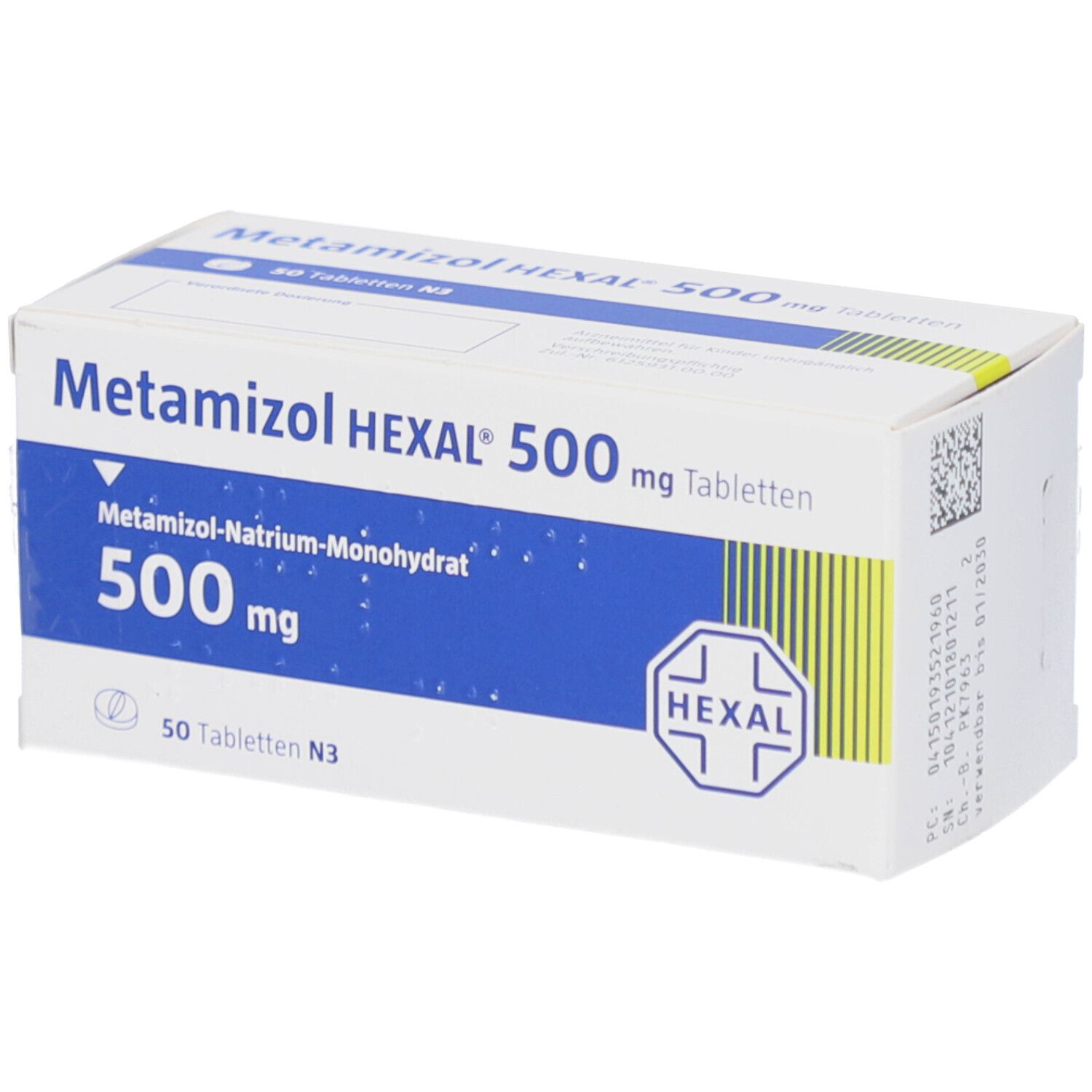 Weiße Schachtel mit blauer Beschriftung. Aufschrift: Metamizol HEXAL 500 mg Tabletten. HEXAL-Logo.