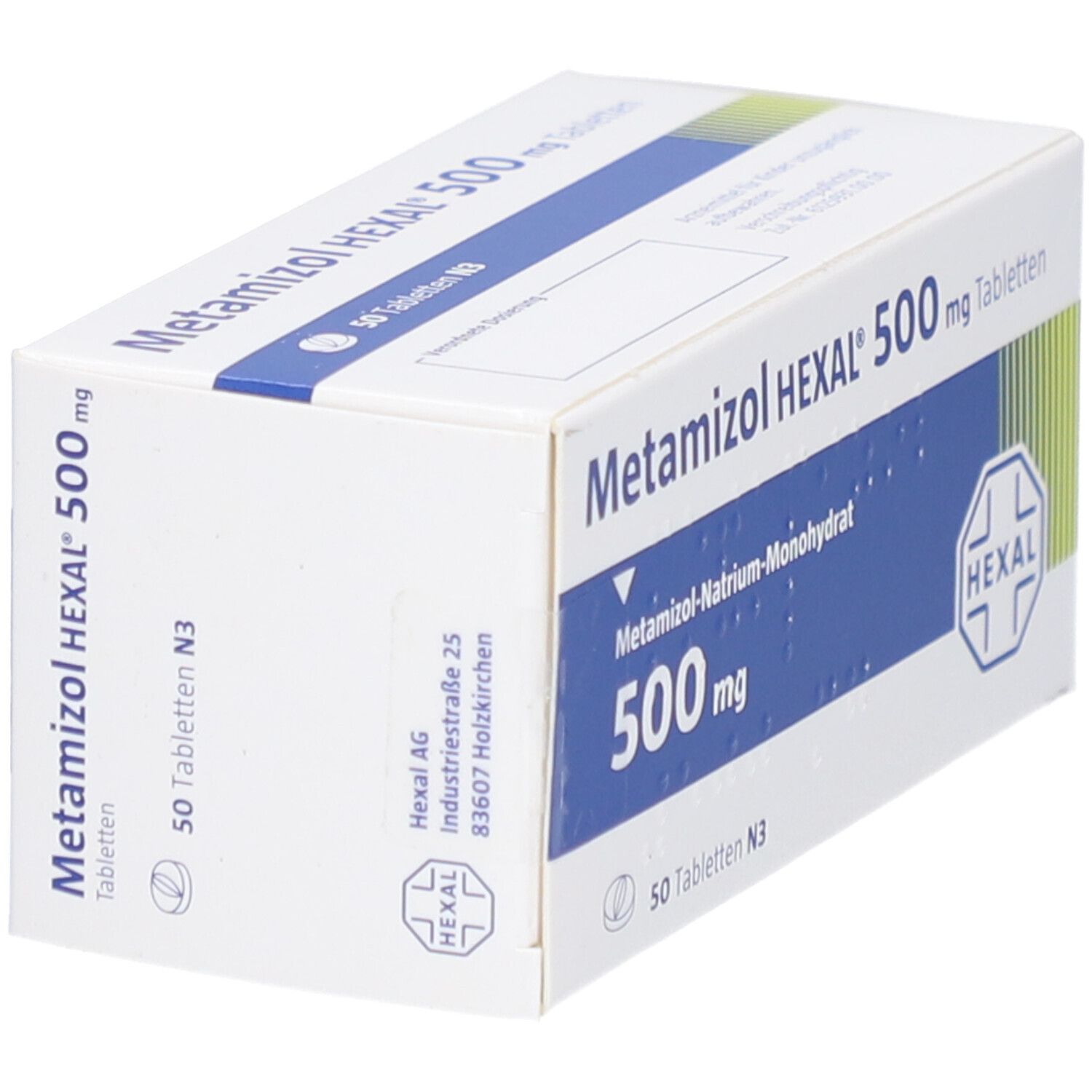 Weiße Schachtel mit blauer Beschriftung. Aufschrift: Metamizol HEXAL 500 mg Tabletten. HEXAL-Logo.
