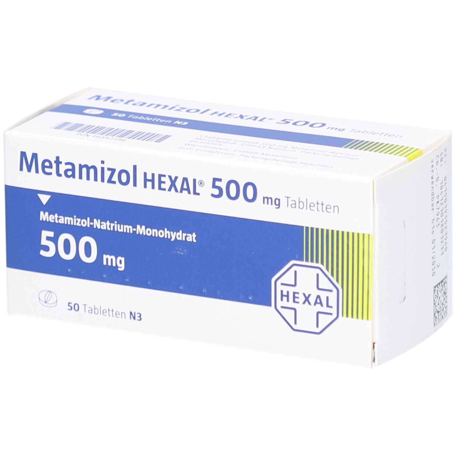 Weiße Schachtel mit blauer Beschriftung. Aufschrift: Metamizol HEXAL 500 mg Tabletten. HEXAL-Logo.
