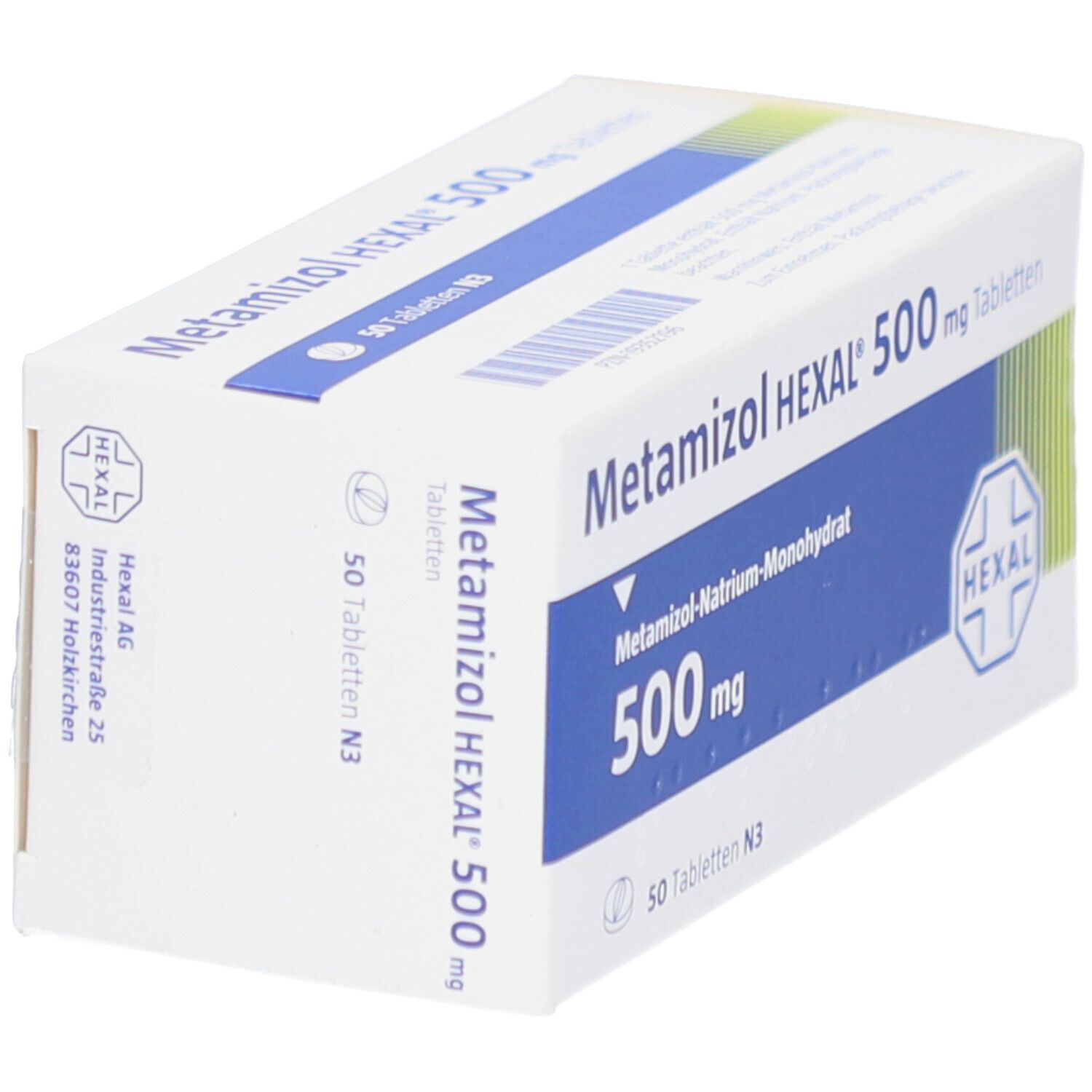 Weiße Schachtel mit blauer Beschriftung. Aufschrift: Metamizol HEXAL 500 mg Tabletten. HEXAL-Logo.