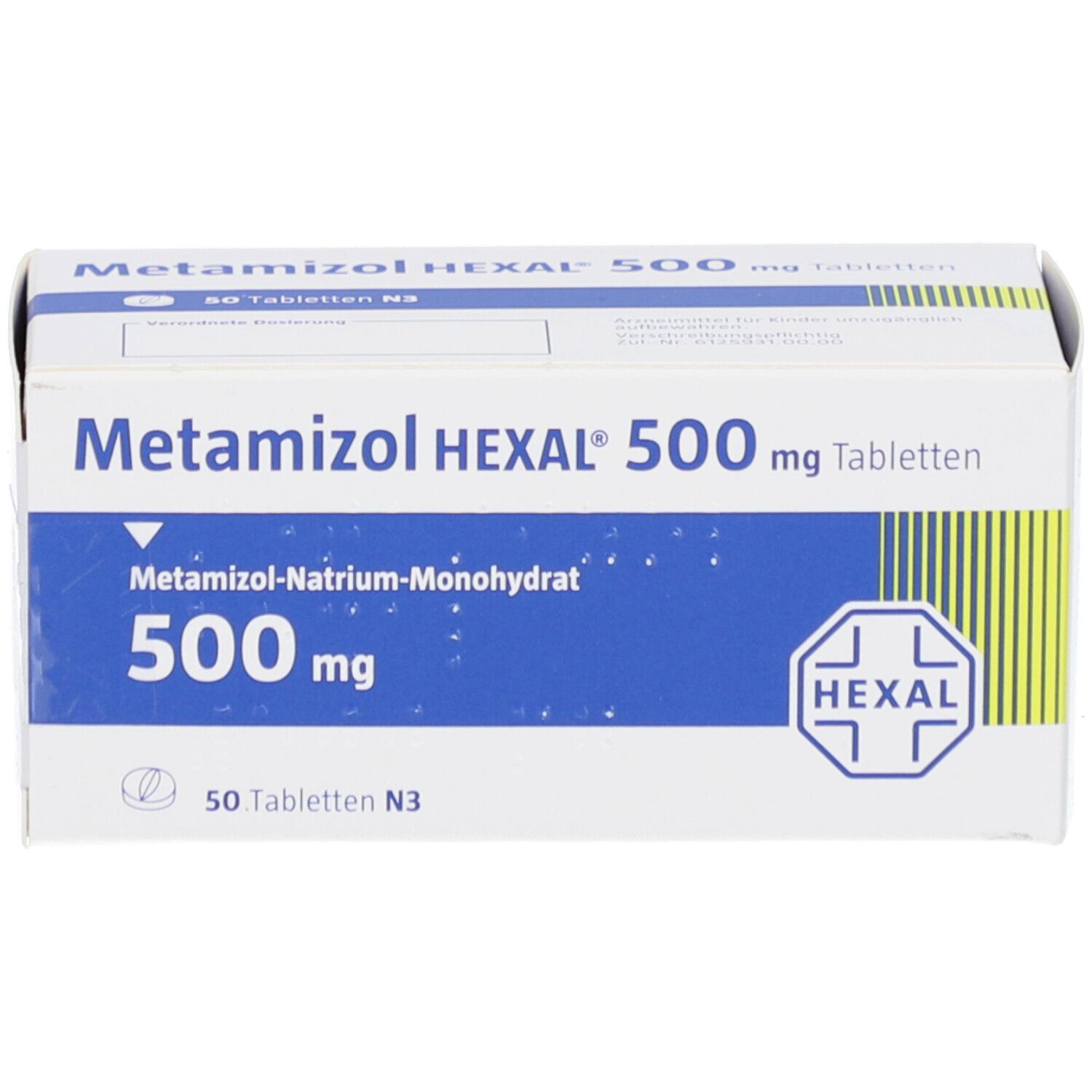 Weiße Schachtel mit blauer Beschriftung. Aufschrift: Metamizol HEXAL 500 mg Tabletten. HEXAL-Logo.