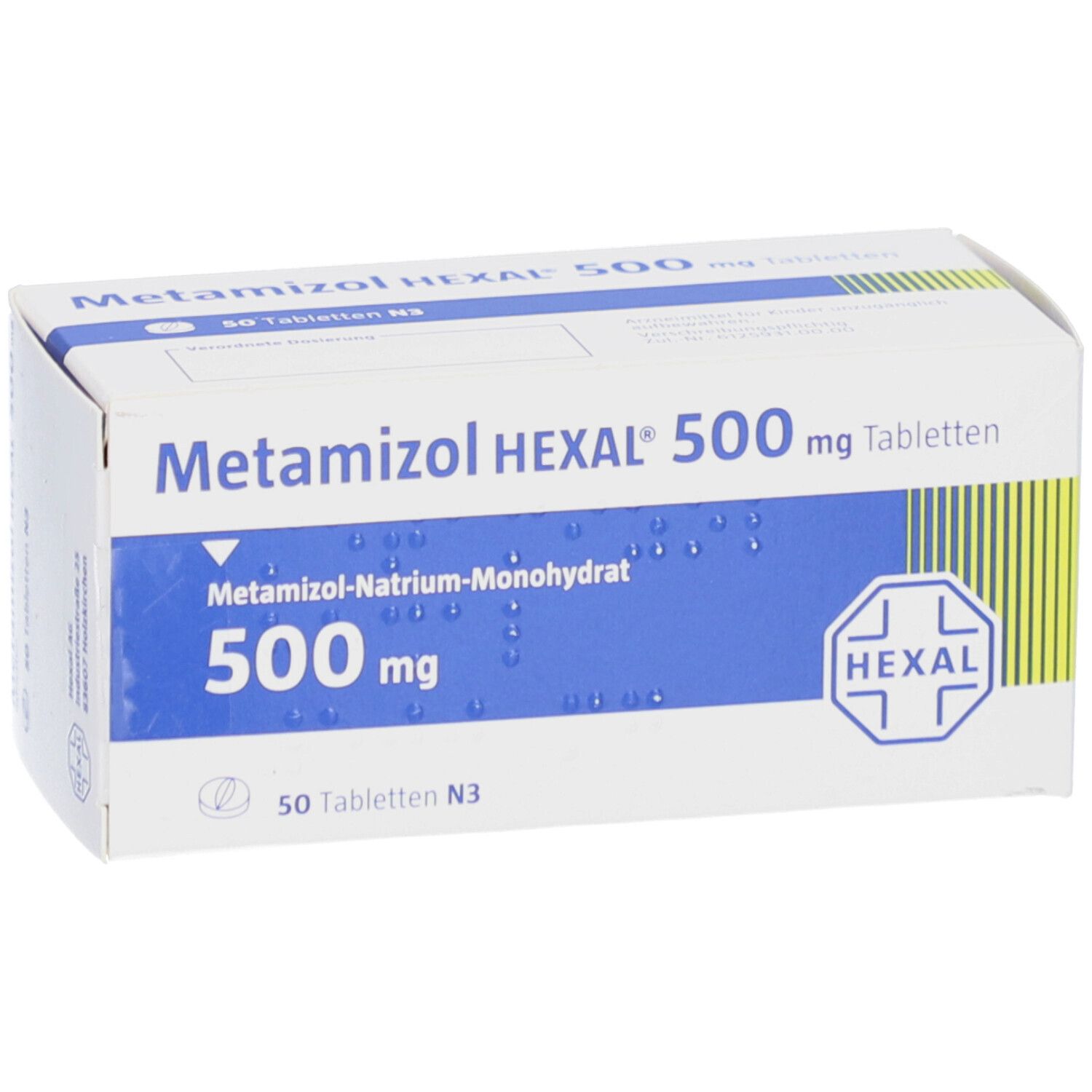 Weiße Schachtel mit blauer Beschriftung. Aufschrift: Metamizol HEXAL 500 mg Tabletten. HEXAL-Logo.
