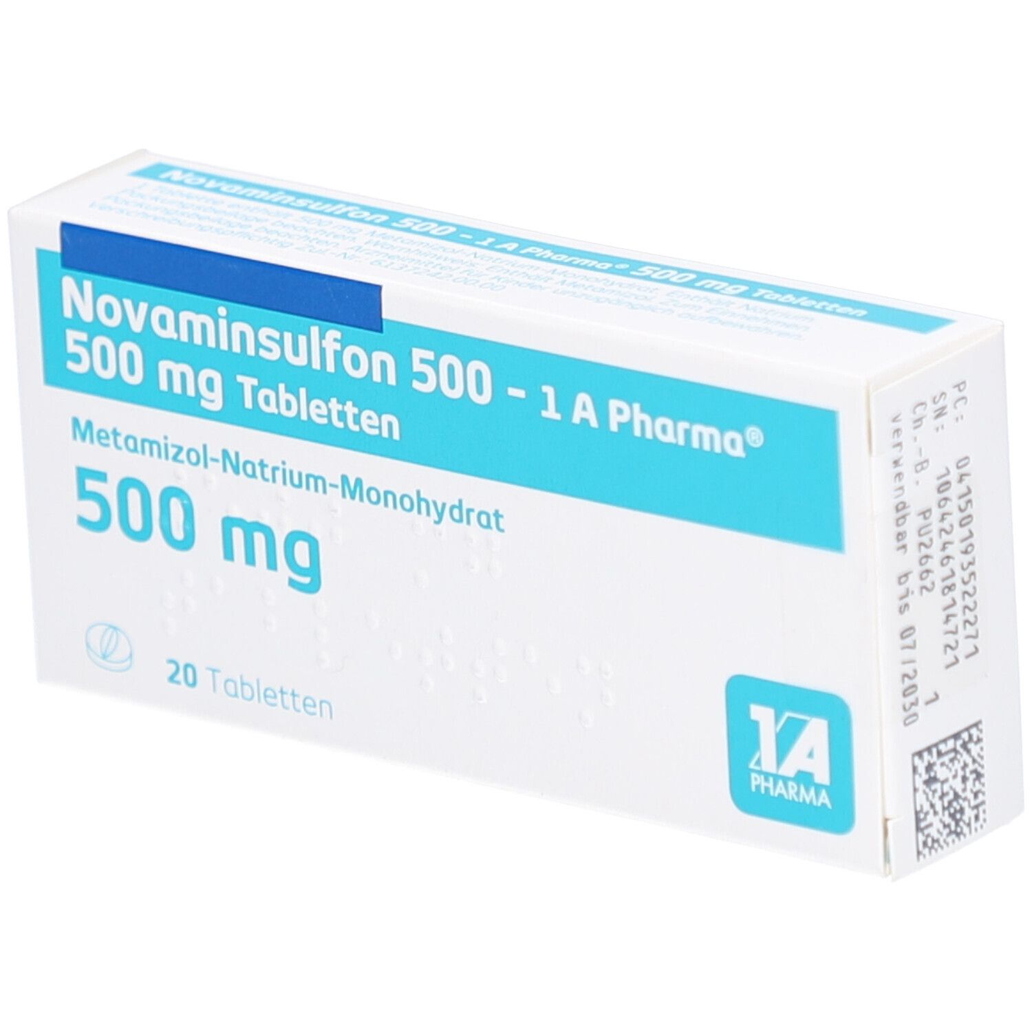 Weiße Tablettenbox mit blauer Schrift. Aufschrift: Novaminsulfon 500-1 A Pharma Tabletten, 500 mg, 20 Tabletten. Logo: 1 A Pharma.