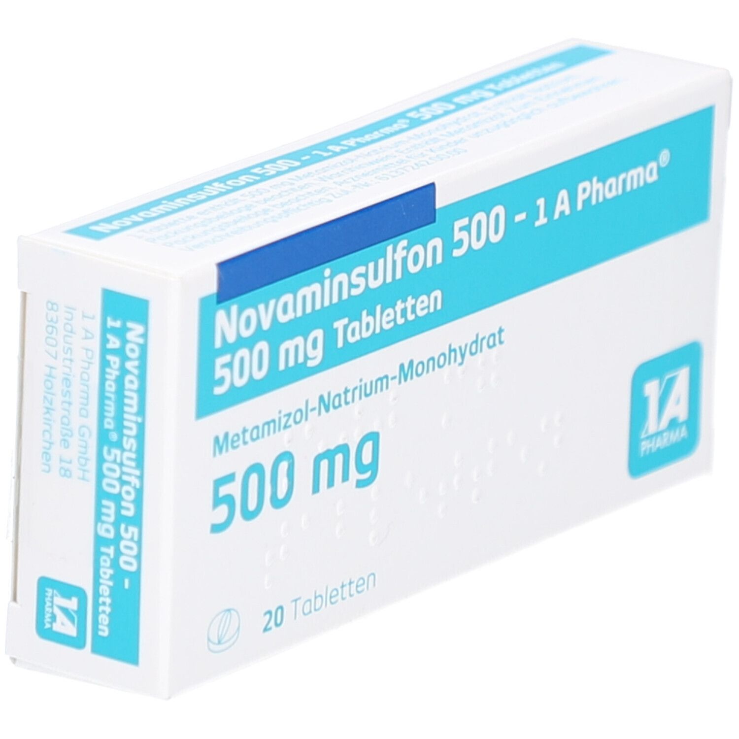 Weiße Tablettenbox mit blauer Schrift. Aufschrift: Novaminsulfon 500-1 A Pharma Tabletten, 500 mg, 20 Tabletten. Logo: 1 A Pharma.