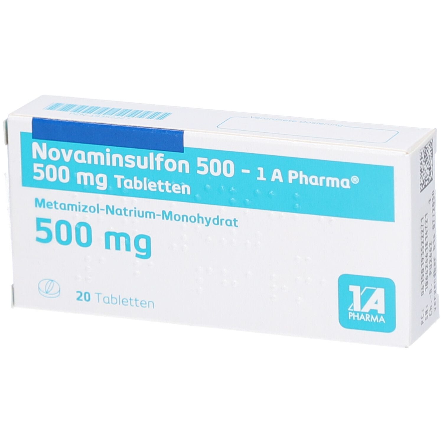Weiße Tablettenbox mit blauer Schrift. Aufschrift: Novaminsulfon 500-1 A Pharma Tabletten, 500 mg, 20 Tabletten. Logo: 1 A Pharma.